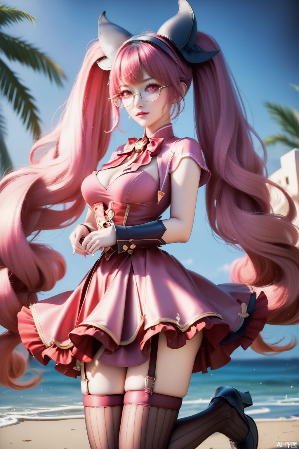 score_9,score_8_up,score_7_up,,1girl, solo, long hair, breasts, looking at viewer, bangs, dress, bow, twintails, very long hair, pink hair, detached sleeves, glasses, bowtie, pink eyes, red bow, pink dress,masterpiece,best quality,official art,extremely detailed CG unity 8k wallpaper,Thigh exposed,thighhighs,looking at viewer,on the beach,on the beach,
