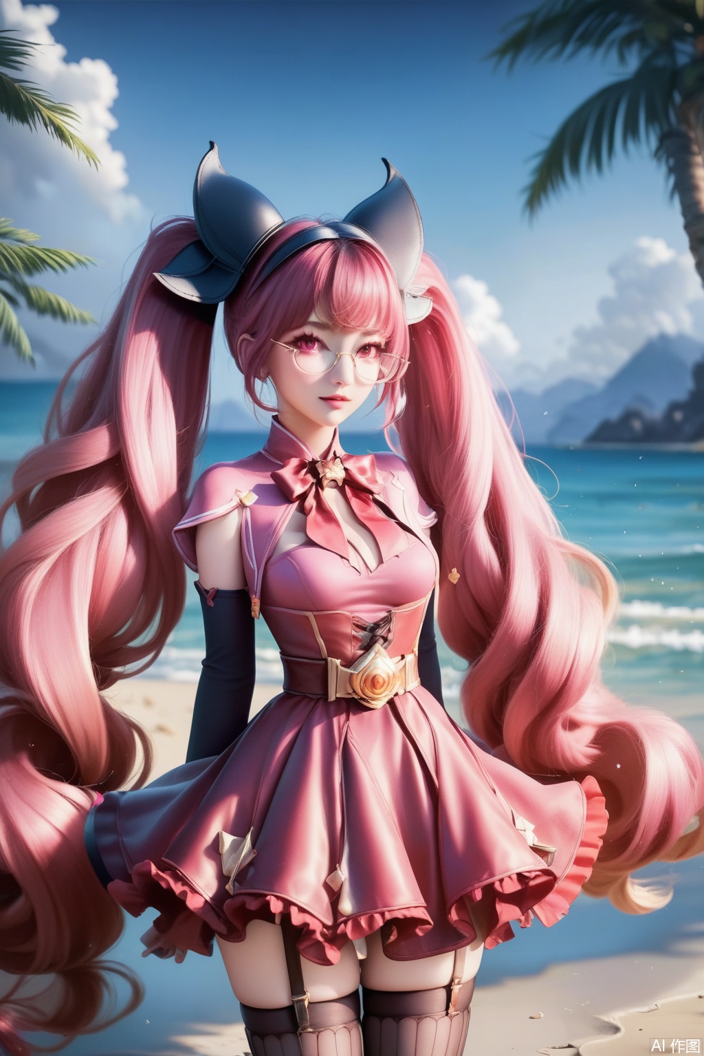 score_9,score_8_up,score_7_up,,1girl, solo, long hair, breasts, looking at viewer, bangs, dress, bow, twintails, very long hair, pink hair, detached sleeves, glasses, bowtie, pink eyes, red bow, pink dress,masterpiece,best quality,official art,extremely detailed CG unity 8k wallpaper,Thigh exposed,thighhighs,looking at viewer,on the beach,on the beach,
