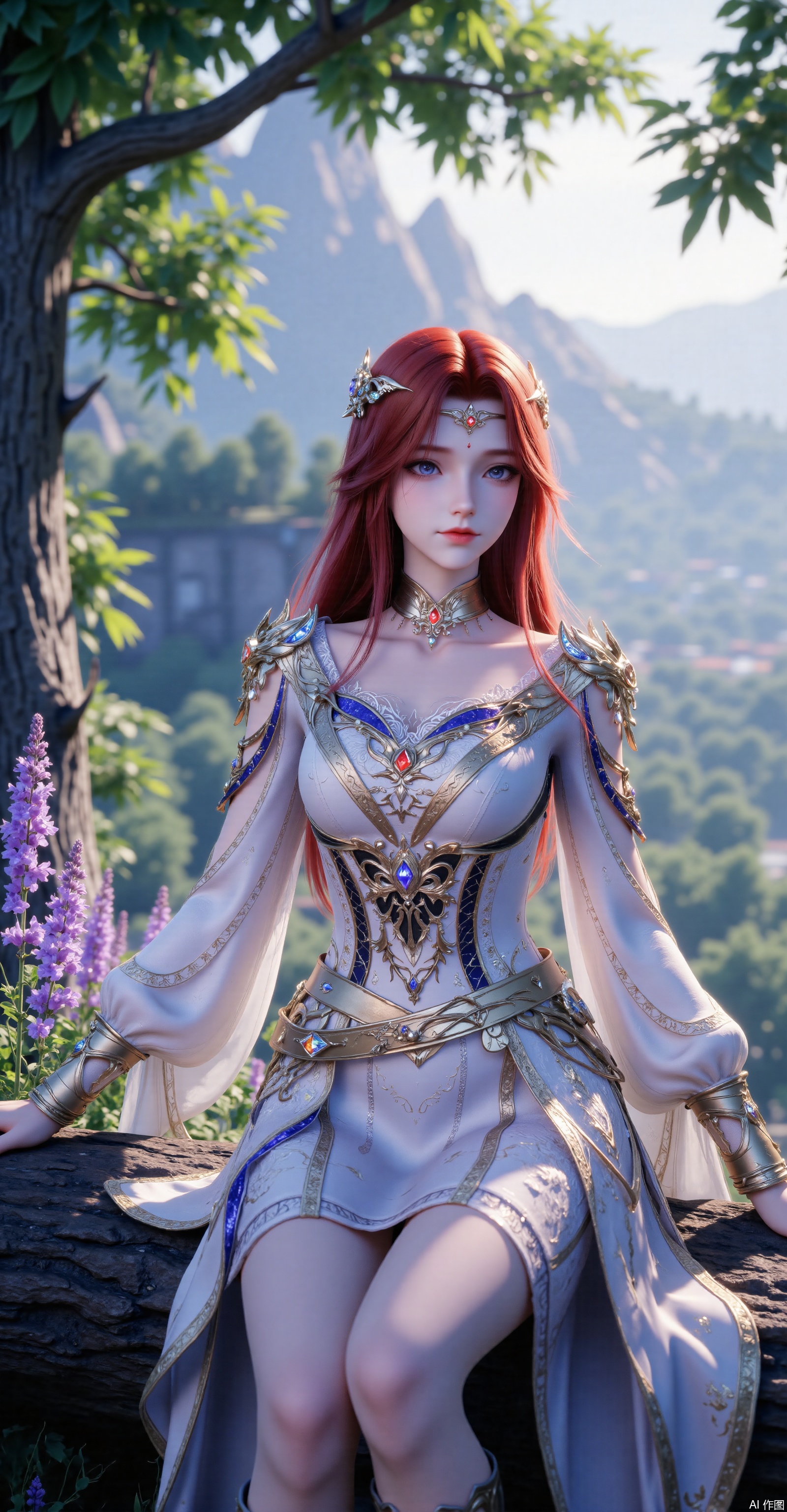 A delicate - featured red - haired woman with long hair draped over her shoulders and a serene gaze. She wears a华丽的(gorgeous) golden gemstone hairpiece and a white - based fantasy - style long dress adorned with golden patterns, blue trim, and colorful gemstones. Metal armor decorates her shoulders. The background is a lush forest, distant mountains, and purple flowers and plants. Sunlight filters through the leaves to create a beautiful light and shadow. From a full - body perspective, she sits on a tree, showing her slender legs in boots. The overall color is bright, with a style between fantasy and classical, high in detail, 8K ultra - high definition, with a soft focus effect and rendered by Unreal Engine with cinematic lighting.