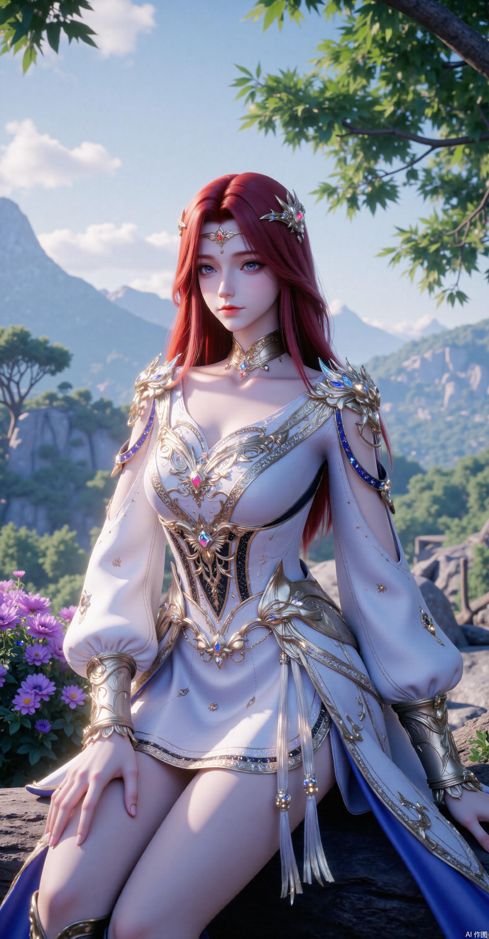 A delicate - featured red - haired woman with long hair draped over her shoulders and a serene gaze. She wears a华丽的(gorgeous) golden gemstone hairpiece and a white - based fantasy - style long dress adorned with golden patterns, blue trim, and colorful gemstones. Metal armor decorates her shoulders. The background is a lush forest, distant mountains, and purple flowers and plants. Sunlight filters through the leaves to create a beautiful light and shadow. From a full - body perspective, she sits on a tree, showing her slender legs in boots. The overall color is bright, with a style between fantasy and classical, high in detail, 8K ultra - high definition, with a soft focus effect and rendered by Unreal Engine with cinematic lighting.