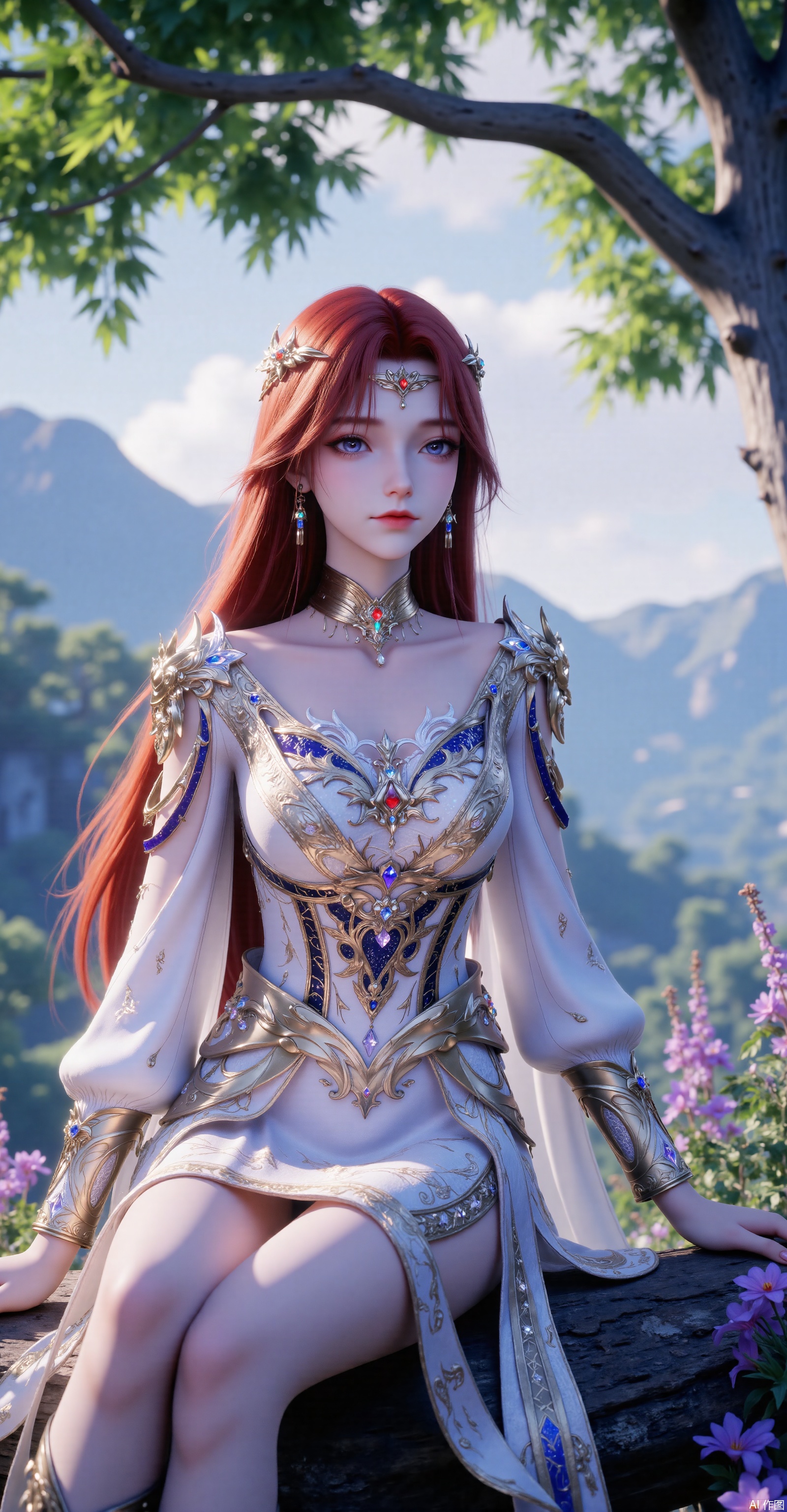 A delicate - featured red - haired woman with long hair draped over her shoulders and a serene gaze. She wears a华丽的(gorgeous) golden gemstone hairpiece and a white - based fantasy - style long dress adorned with golden patterns, blue trim, and colorful gemstones. Metal armor decorates her shoulders. The background is a lush forest, distant mountains, and purple flowers and plants. Sunlight filters through the leaves to create a beautiful light and shadow. From a full - body perspective, she sits on a tree, showing her slender legs in boots. The overall color is bright, with a style between fantasy and classical, high in detail, 8K ultra - high definition, with a soft focus effect and rendered by Unreal Engine with cinematic lighting.
