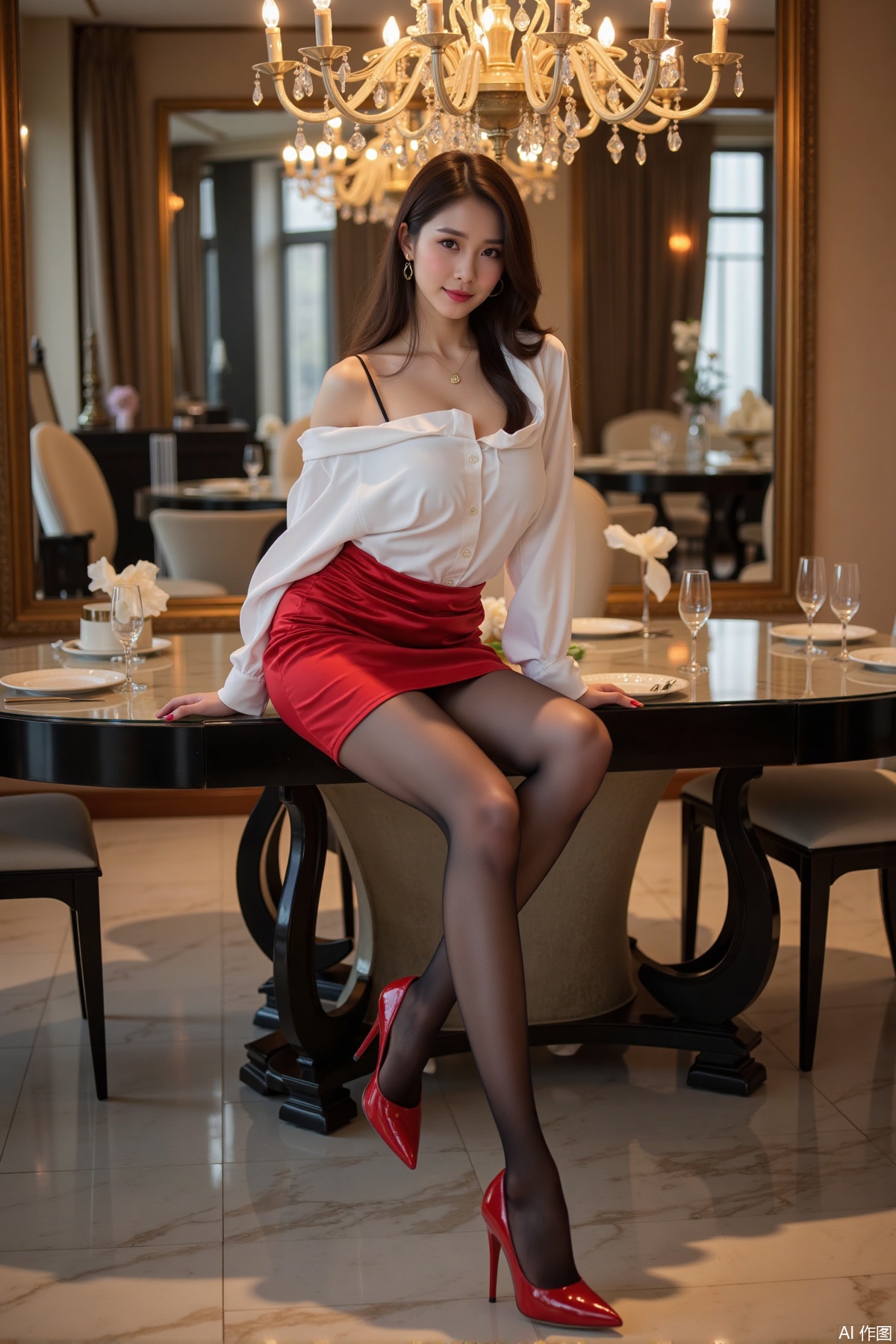 Realistic photo of a young woman with long hair, fair skin, big breast, off-shoulder shirt, short pencil skirt, shiny pantyhose, long legs, red high heels, full body, sitting on a large mirror dining table, luxurious dining room,