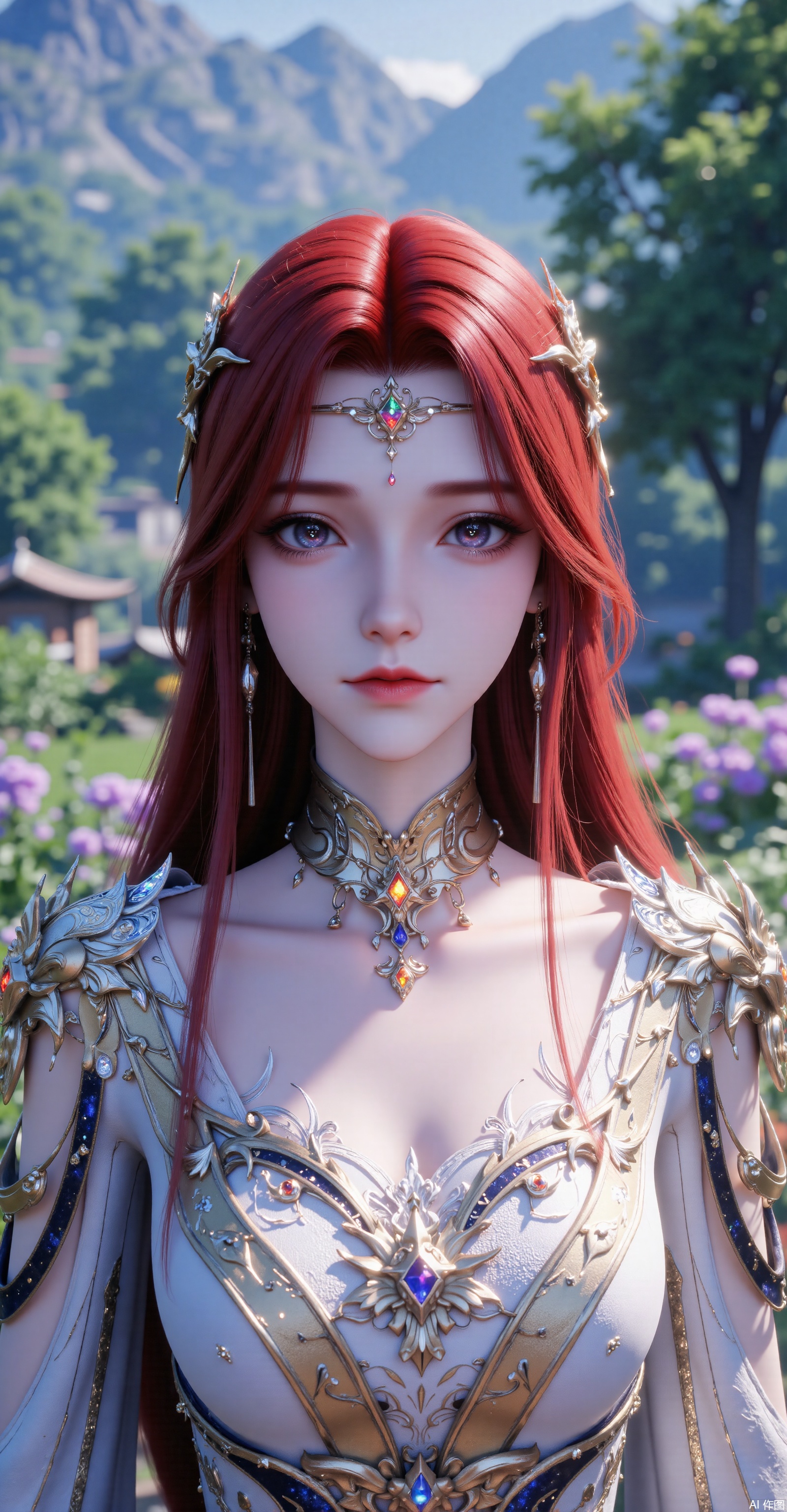 A red - haired woman with delicate features has her long hair cascading over her pointed shoulders. She has calm eyes and wears a gorgeous golden gemstone hair ornament. She is dressed in a white - toned fantasy - style long dress adorned with golden patterns, blue trimmings and colorful gemstones, and there are metal armor decorations on her shoulders. The background is a lush forest, distant mountains and purple flowers and plants. The sunlight filters through the leaves to form beautiful light and shadows. The overall color is bright, with a style between fantasy and classical, high in detail, 8K ultra - high definition, with a soft - focus effect and rendered by Unreal Engine, with movie - level lighting.