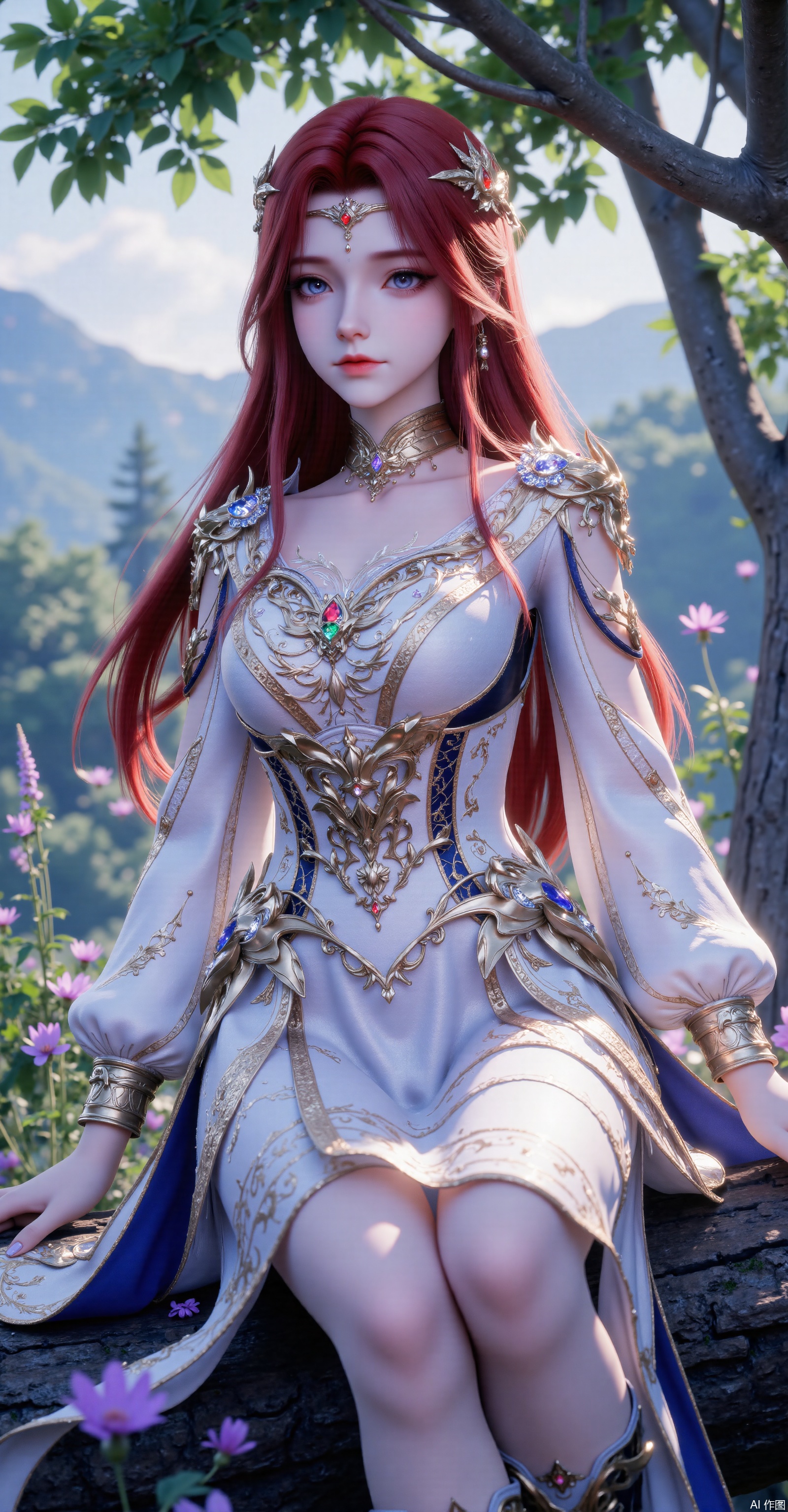 A delicate - featured red - haired woman with long hair draped over her shoulders and a serene gaze. She wears a华丽的(gorgeous) golden gemstone hairpiece and a white - based fantasy - style long dress adorned with golden patterns, blue trim, and colorful gemstones. Metal armor decorates her shoulders. The background is a lush forest, distant mountains, and purple flowers and plants. Sunlight filters through the leaves to create a beautiful light and shadow. From a full - body perspective, she sits on a tree, showing her slender legs in boots. The overall color is bright, with a style between fantasy and classical, high in detail, 8K ultra - high definition, with a soft focus effect and rendered by Unreal Engine with cinematic lighting.