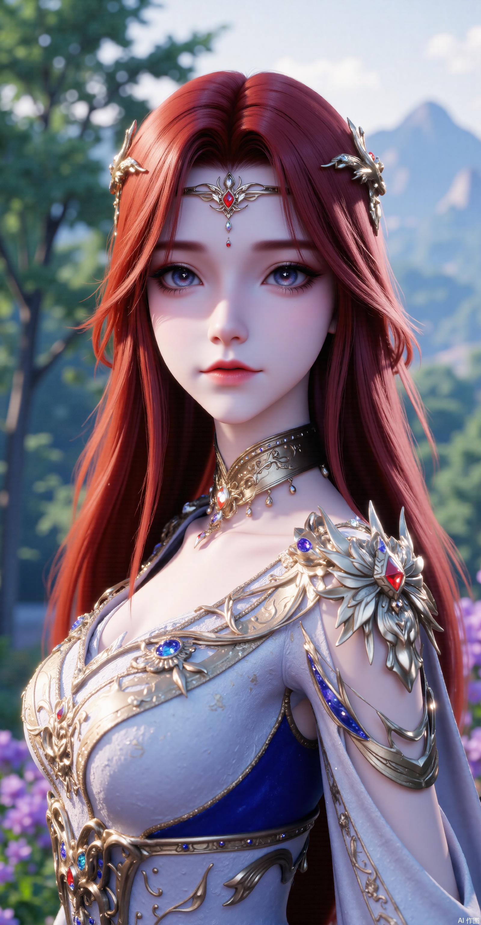 A red - haired woman with delicate features has her long hair cascading over her pointed shoulders. She has calm eyes and wears a gorgeous golden gemstone hair ornament. She is dressed in a white - toned fantasy - style long dress adorned with golden patterns, blue trimmings and colorful gemstones, and there are metal armor decorations on her shoulders. The background is a lush forest, distant mountains and purple flowers and plants. The sunlight filters through the leaves to form beautiful light and shadows. The overall color is bright, with a style between fantasy and classical, high in detail, 8K ultra - high definition, with a soft - focus effect and rendered by Unreal Engine, with movie - level lighting.