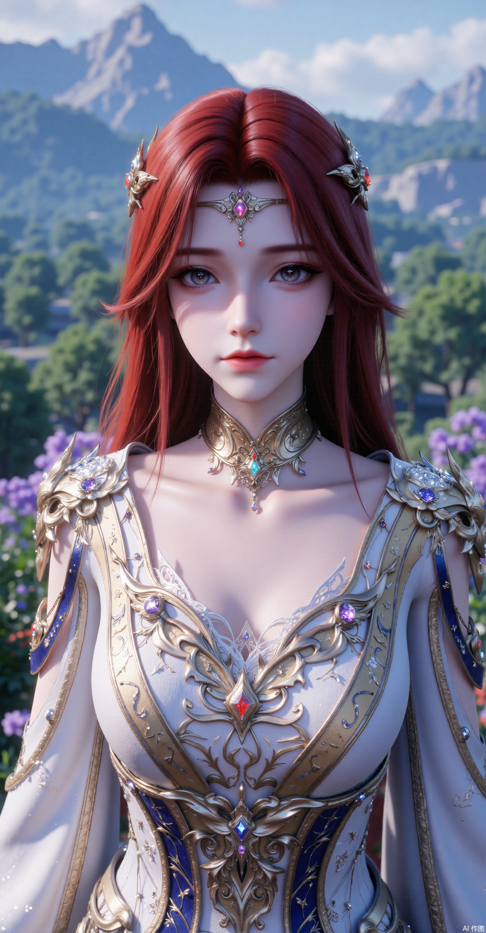 A red - haired woman with delicate features has her long hair cascading over her pointed shoulders. She has calm eyes and wears a gorgeous golden gemstone hair ornament. She is dressed in a white - toned fantasy - style long dress adorned with golden patterns, blue trimmings and colorful gemstones, and there are metal armor decorations on her shoulders. The background is a lush forest, distant mountains and purple flowers and plants. The sunlight filters through the leaves to form beautiful light and shadows. The overall color is bright, with a style between fantasy and classical, high in detail, 8K ultra - high definition, with a soft - focus effect and rendered by Unreal Engine, with movie - level lighting.