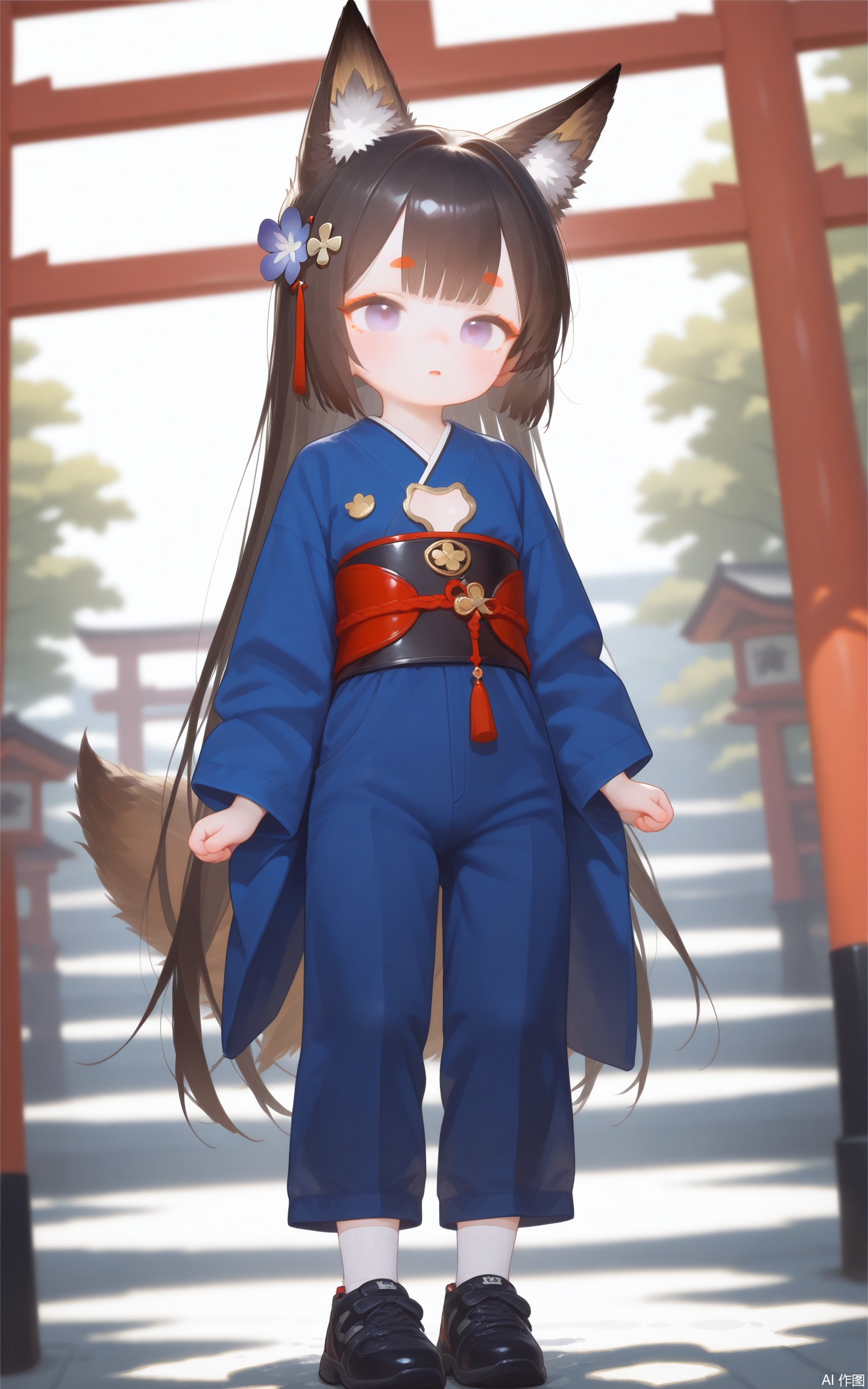 aged down,loli,loli,loli,female child,little girl,1girl,solo,petite,fox girl,fox ears,fox tail,black_hair,hair ornament,long sleeves, full body,pants,long pants,outdoors,colorful,best quality,very aesthetic,absurdres,32K UHD,sharp focus,best-quality,Emotionalization,temperate atmosphere,with a high-end texture,in the style of fashion photography,Dynamic, dynamic force picture, (Visual impact:1.2),impactful picture,offcial art,amagi \(azur lane\),cxqsxhb