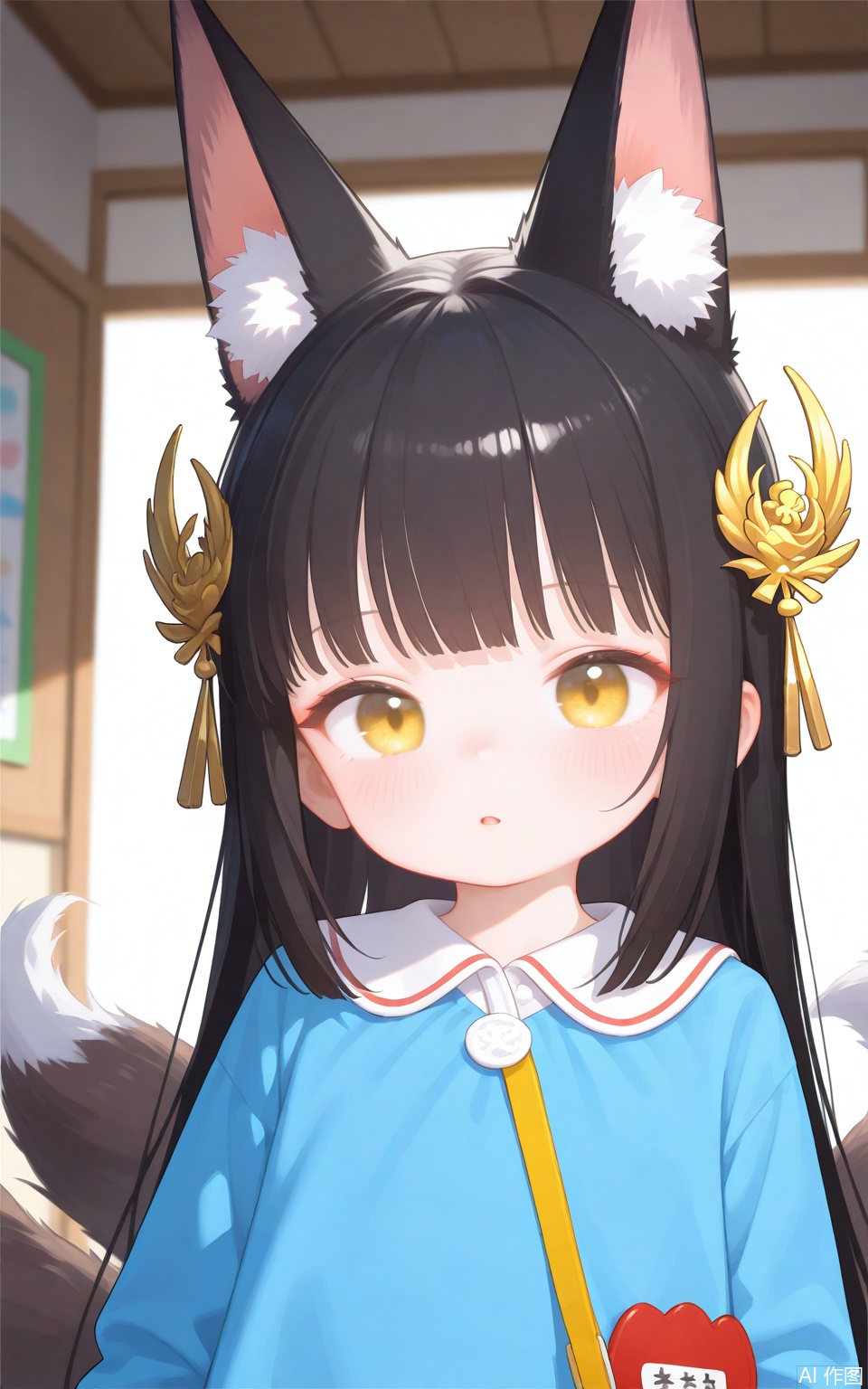 aged down,loli,loli,loli,female child,little girl,1girl,solo,petite,fox girl,fox ears,fox tail,black_hair,hair ornament,kindergarten uniform,upper body,indoors,wooden room,kindergarten,colorful,best quality,very aesthetic,absurdres,32K UHD,sharp focus,best-quality,Emotionalization,temperate atmosphere,with a high-end texture,in the style of fashion photography,Dynamic, dynamic force picture, (Visual impact:1.2),impactful picture,offcial art,cxqsxhb,nagato \(azur lane\),cxsugerlolijio