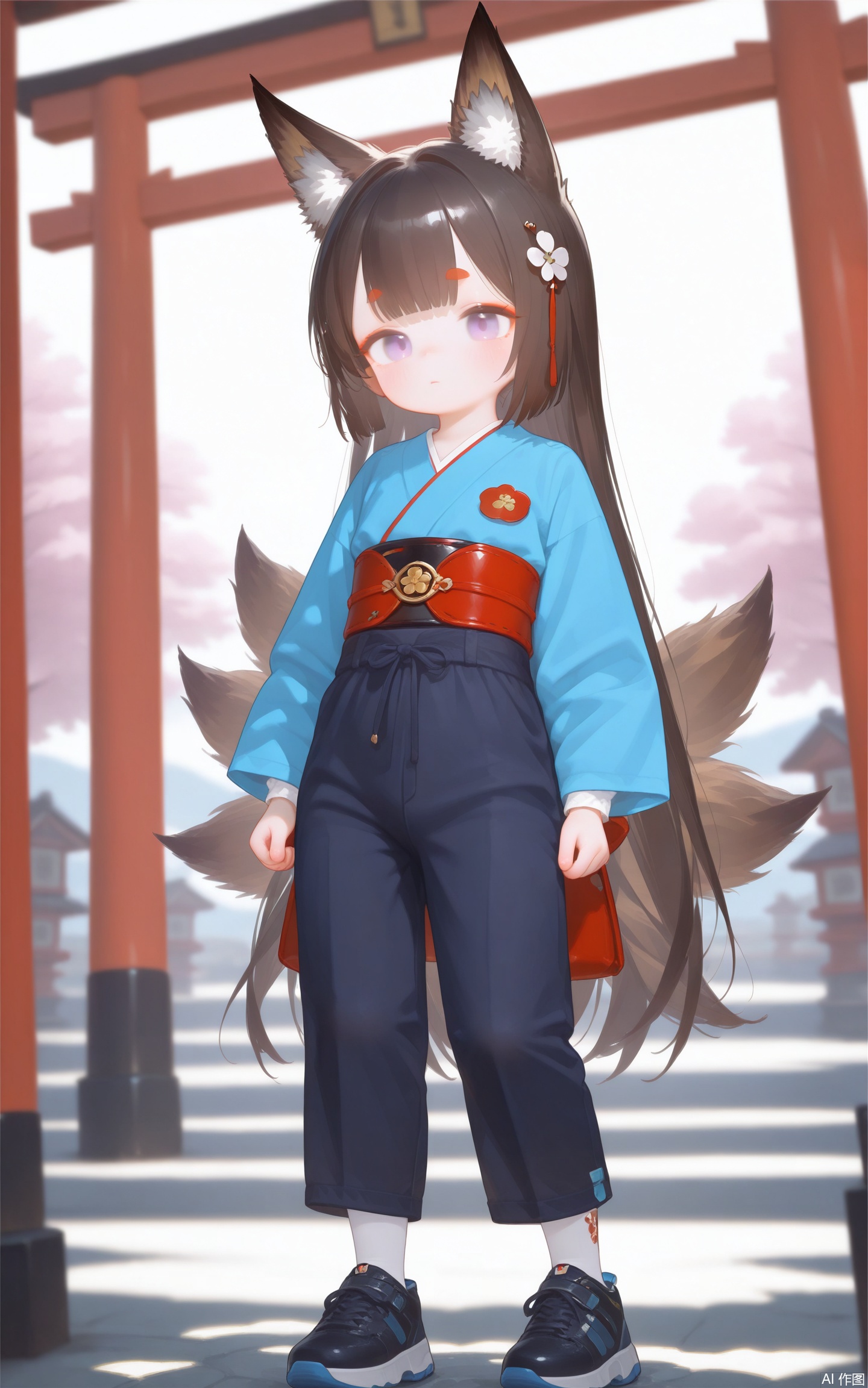 aged down,loli,loli,loli,female child,little girl,1girl,solo,petite,fox girl,fox ears,fox tail,black_hair,hair ornament,long sleeves, full body,pants,long pants,outdoors,colorful,best quality,very aesthetic,absurdres,32K UHD,sharp focus,best-quality,Emotionalization,temperate atmosphere,with a high-end texture,in the style of fashion photography,Dynamic, dynamic force picture, (Visual impact:1.2),impactful picture,offcial art,amagi \(azur lane\),cxqsxhb