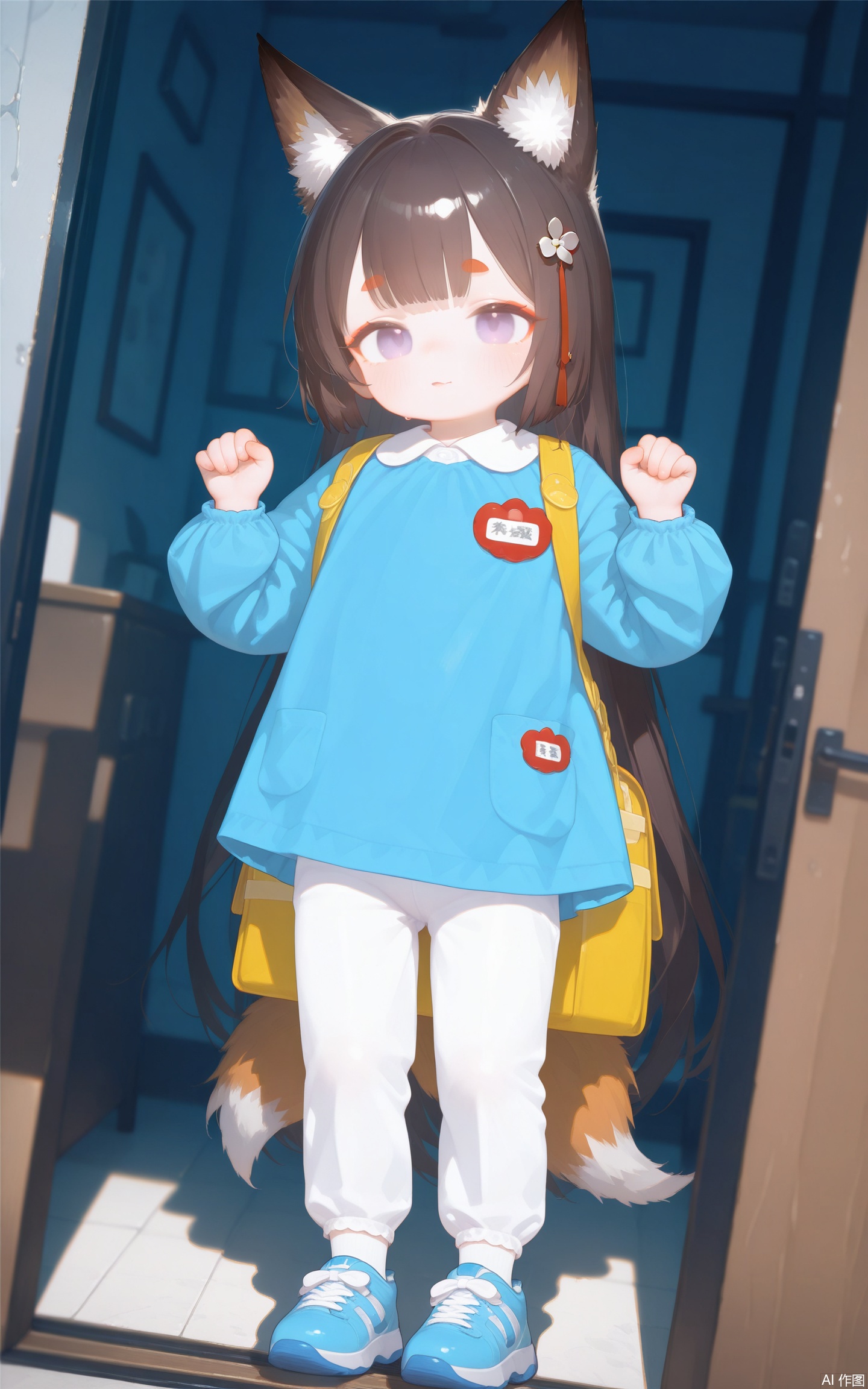 aged down,loli,loli,loli,female child,little girl,1girl,solo,petite,fox girl,fox ears,fox tail,black_hair,hair ornament,kindergarten uniform,full body,long pants,indoors,wooden room,kindergarten,colorful,best quality,very aesthetic,absurdres,32K UHD,sharp focus,best-quality,Emotionalization,temperate atmosphere,with a high-end texture,in the style of fashion photography,Dynamic, dynamic force picture, (Visual impact:1.2),impactful picture,offcial art,amagi \(azur lane\),cxqsxhb