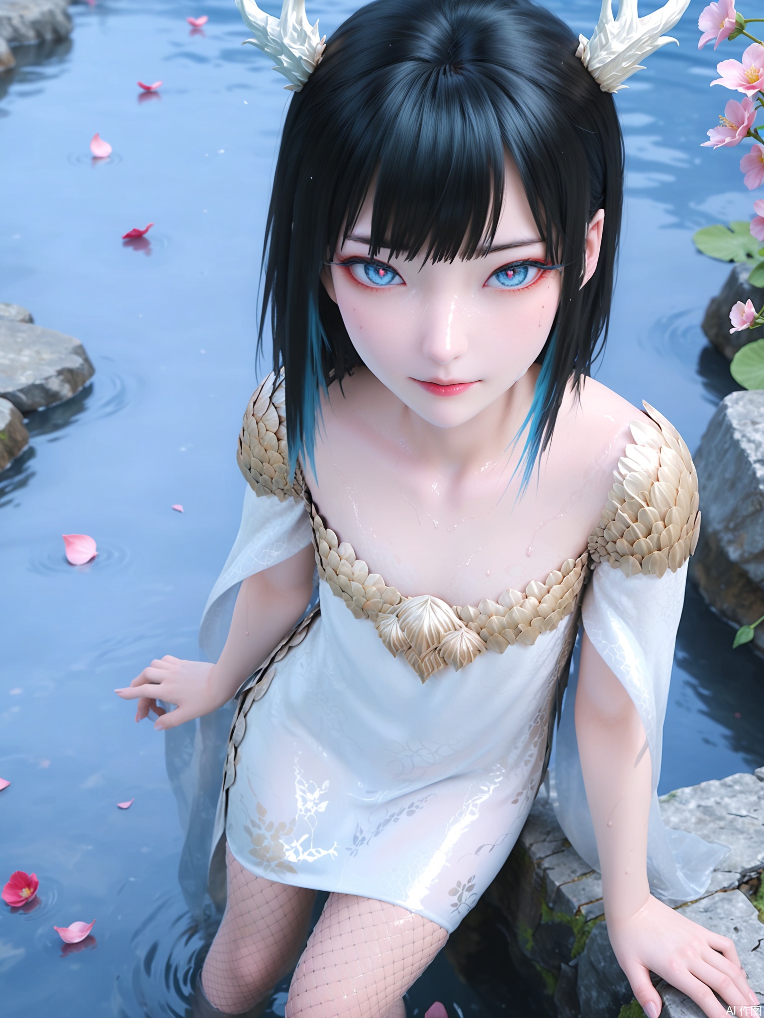 score_9,score_8_up,score_7_up,1girl,looking_at_viewer,realistic,1girl,Vivid Colors,bright environment,delicate water,hair_ornament,shiny skin,shiny hair,reflection,dress,jewelry,flower sea,falling petals,extreme detail description,(full body:0.3),put one hand on your side,long_hair,(skindentation:1.3),Fishnet stockings,bright,sunshine on face,chinese_clothes,black hair,light,sweating,(wariza:1.5),bright_pupils,