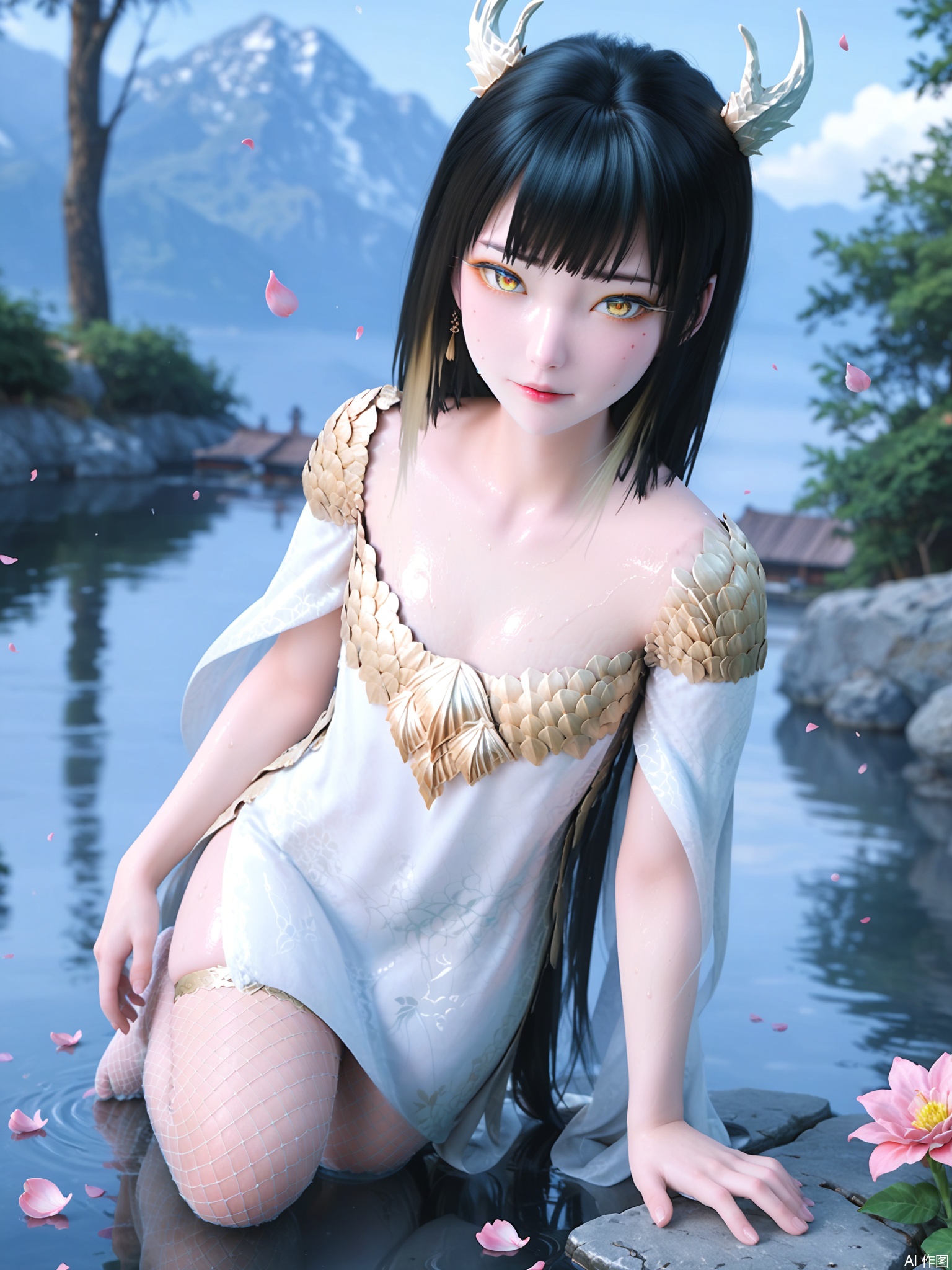 score_9,score_8_up,score_7_up,1girl,looking_at_viewer,realistic,1girl,Vivid Colors,bright environment,delicate water,hair_ornament,shiny skin,shiny hair,reflection,dress,jewelry,flower sea,falling petals,extreme detail description,(full body:0.3),put one hand on your side,long_hair,(skindentation:1.3),Fishnet stockings,bright,sunshine on face,chinese_clothes,black hair,light,sweating,(wariza:1.5),bright_pupils,yellow_eyes