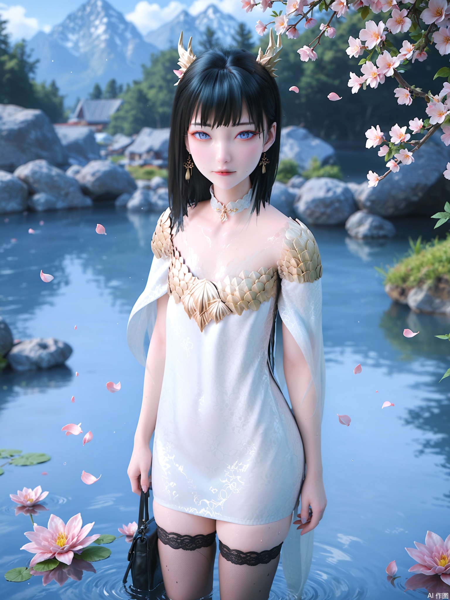 score_9,score_8_up,score_7_up,1girl,looking_at_viewer,realistic,1girl,Vivid Colors,bright environment,delicate water,hair_ornament,shiny skin,shiny hair,reflection,dress,jewelry,flower sea,falling petals,extreme detail description,(full body:0.3),put one hand on your side,long_hair,(skindentation:1.3),Fishnet stockings,bright,sunshine on face,chinese_clothes,black hair,light,sweating,(wariza:1.5),bright_pupils,