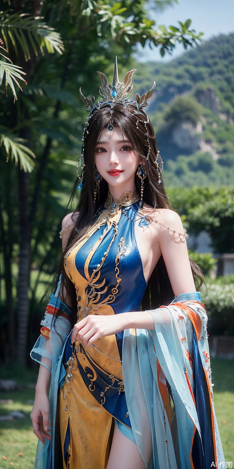 best quality, masterpiece, realistic,cowboy_shot,(Good structure), DSLR Quality,Depth of field,kind smile,looking_at_viewer,Dynamic pose, 
1girl, solo, long hair, brown hair, black hair, hair ornament, dress, jewelry, blue dress, chinese clothes, forehead mark,huangnv