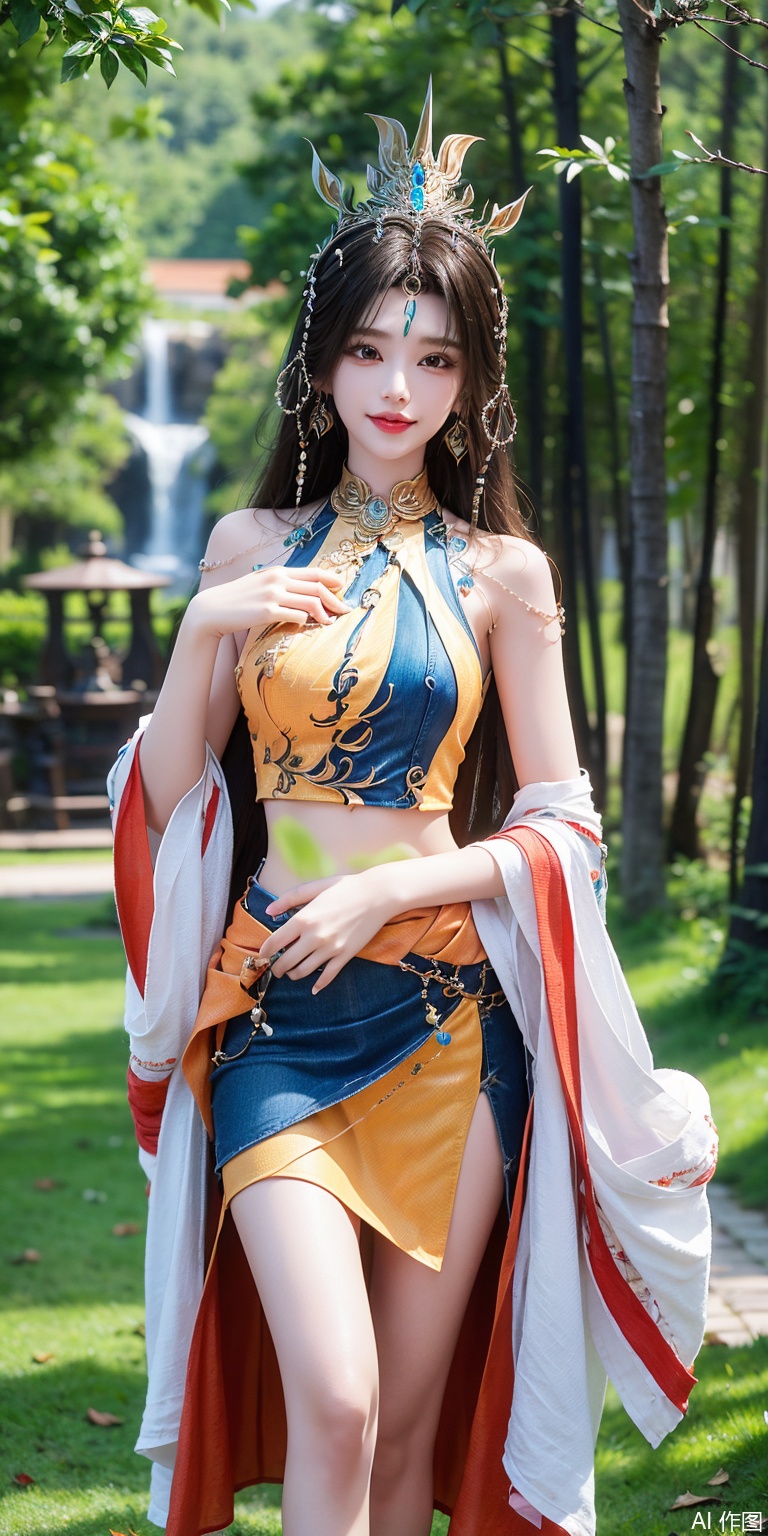  1girl,kind smile, bare_shoulders, belt, blurry, blurry_background, blurry_foreground, branch,  , , collarbone, cosplay_photo, denim, denim_skirt, depth_of_field, hand_on_own_chest, lips, , looking_at_viewer, midriff, miniskirt, motion_blur, navel, outdoors, photo_\(medium\), realistic, skirt, solo, standing, tree, ,hair ornament,huangnv,chinese clothes