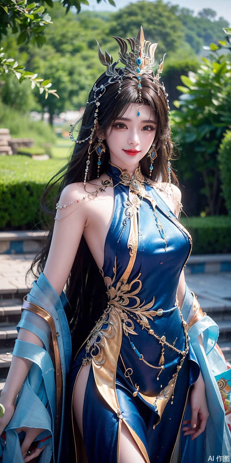 best quality, masterpiece, realistic,cowboy_shot,(Good structure), DSLR Quality,Depth of field,kind smile,looking_at_viewer,Dynamic pose, 
1girl, solo, long hair, brown hair, black hair, hair ornament, dress, jewelry, blue dress, chinese clothes, forehead mark,huangnv