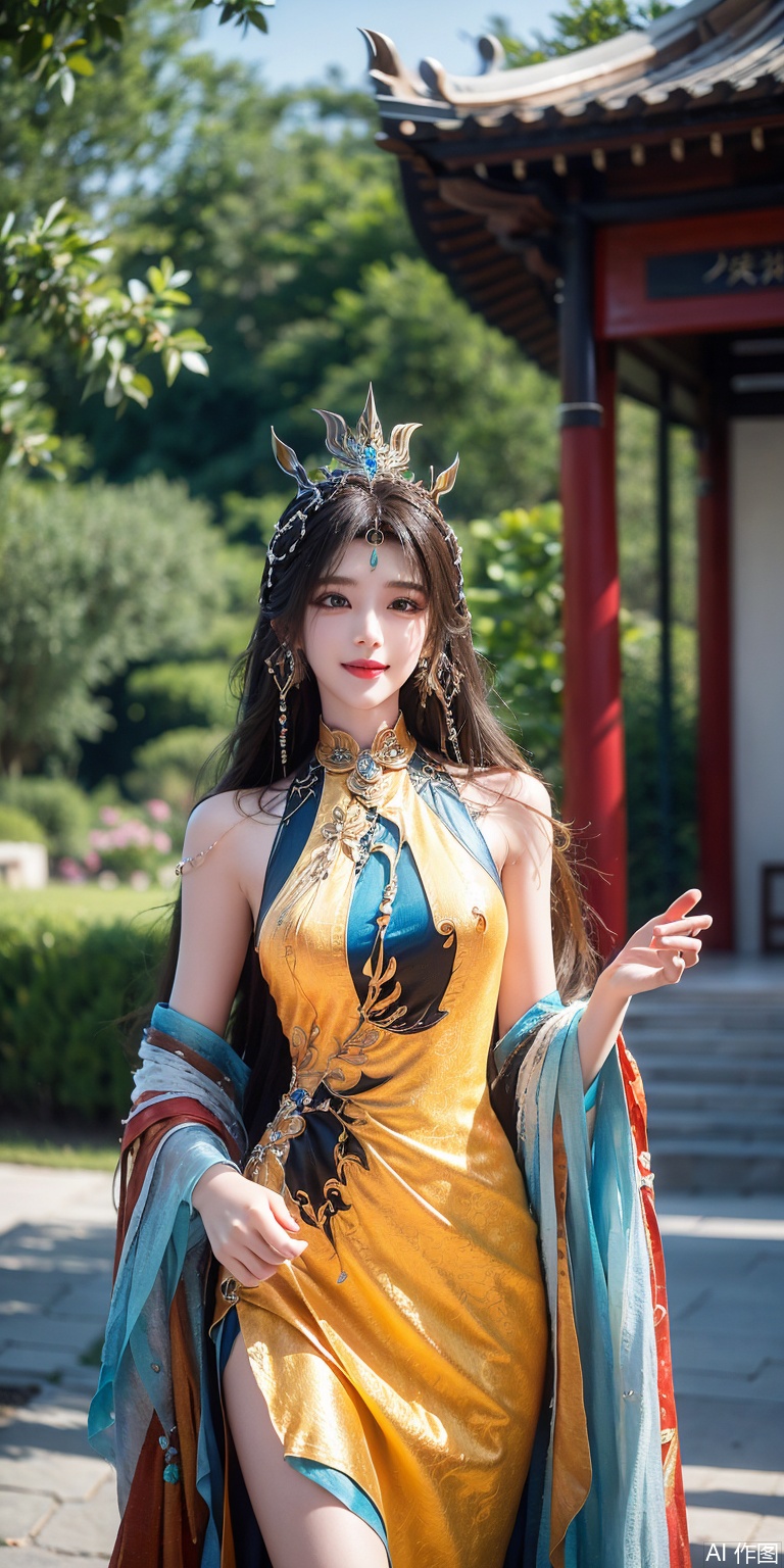 best quality, masterpiece, realistic,cowboy_shot,(Good structure), DSLR Quality,Depth of field,kind smile,looking_at_viewer,Dynamic pose, 
1girl, solo, long hair, brown hair, black hair, hair ornament, dress, jewelry, , chinese clothes, forehead mark,huangnv