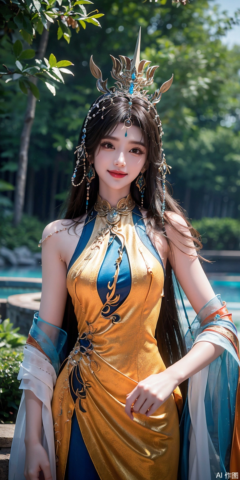 best quality, masterpiece, realistic,cowboy_shot,(Good structure), DSLR Quality,Depth of field,kind smile,looking_at_viewer,Dynamic pose, 
1girl, solo, long hair, brown hair, black hair, hair ornament, dress, jewelry, , chinese clothes, forehead mark,huangnv