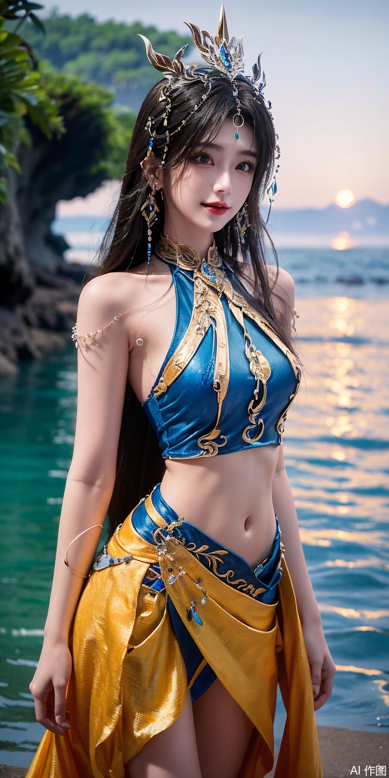 best quality, masterpiece, realistic,cowboy_shot,(Good structure), DSLR Quality,Depth of field,kind smile,looking_at_viewer,Dynamic pose, 
1girl, solo, long hair, , looking at viewer, skirt, hair ornament, bare shoulders, jewelry, , black hair, earrings, outdoors, midriff, water, necklace, lips, crop top, grey eyes, leaning forward, ocean, white skirt, strapless vest, sunset, sun,huangnv,chinese clothes