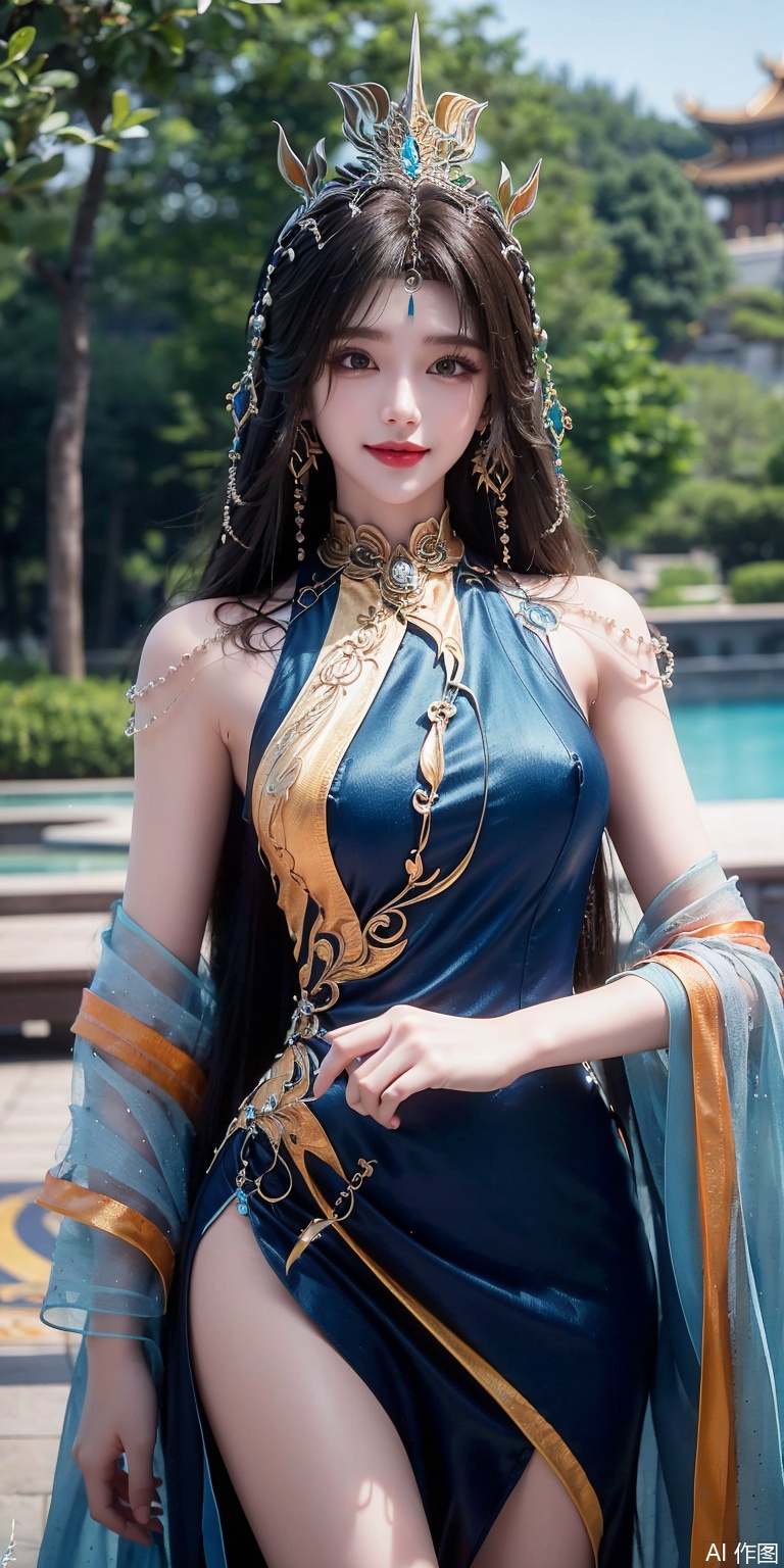 best quality, masterpiece, realistic,cowboy_shot,(Good structure), DSLR Quality,Depth of field,kind smile,looking_at_viewer,Dynamic pose, 
1girl, solo, long hair, brown hair, black hair, hair ornament, dress, jewelry, blue dress, chinese clothes, forehead mark,huangnv