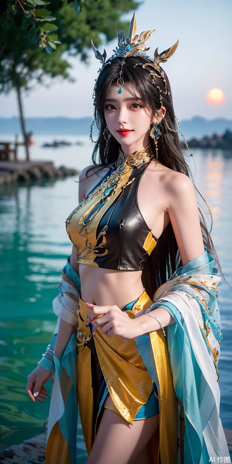 best quality, masterpiece, realistic,cowboy_shot,(Good structure), DSLR Quality,Depth of field,kind smile,looking_at_viewer,Dynamic pose, 
1girl, solo, long hair, , looking at viewer, skirt, hair ornament, bare shoulders, jewelry, , black hair, earrings, outdoors, midriff, water, necklace, lips, crop top, grey eyes, leaning forward, ocean, white skirt, strapless vest, sunset, sun,huangnv,chinese clothes