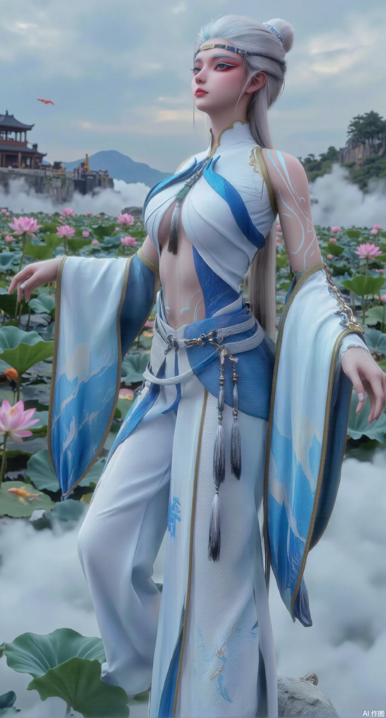 (masterpiece, best quality:1.2),A celestial maiden in Hanfu stands on a cloud, ethereal silk robes fluttering in the wind, swirling sea of clouds beneath her feet, (background reveals the emerald lotus pond of Penglai Wonderland with blooming pink-white lotuses:1.29), golden koi fish swimming in translucent water, soft morning light piercing through mist, ultra HD rendering showcases intricate embroidery on Hanfu, 8K detail captures dewdrops on lotus petals, dynamic lighting effects emphasize swirling mist movement, panoramic composition creates ethereal celestial atmosphere,(huge breasts:2.99),(full breasts:2.99),Xyuenanaodai,XzhihuaX,Xleidianjiangjun