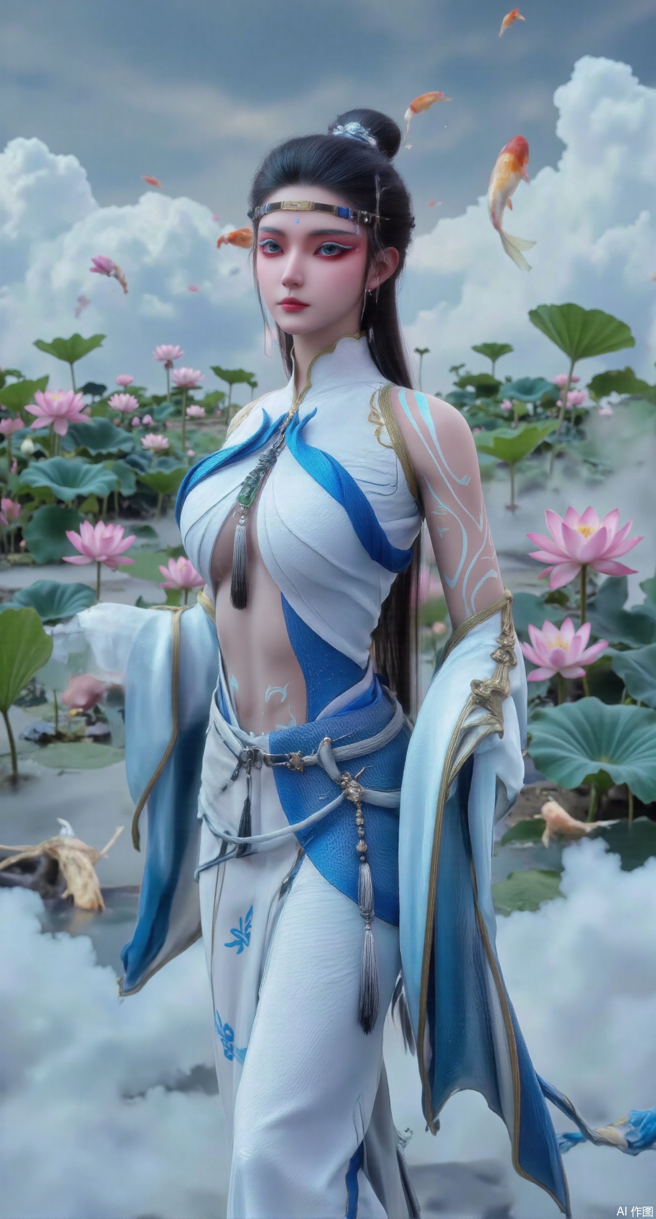 (masterpiece, best quality:1.2),A celestial maiden in Hanfu stands on a cloud, ethereal silk robes fluttering in the wind, swirling sea of clouds beneath her feet, (background reveals the emerald lotus pond of Penglai Wonderland with blooming pink-white lotuses:1.29), golden koi fish swimming in translucent water, soft morning light piercing through mist, ultra HD rendering showcases intricate embroidery on Hanfu, 8K detail captures dewdrops on lotus petals, dynamic lighting effects emphasize swirling mist movement, panoramic composition creates ethereal celestial atmosphere,(huge breasts:2.99),(full breasts:2.99),Xyuenanaodai,XzhihuaX,Xleidianjiangjun