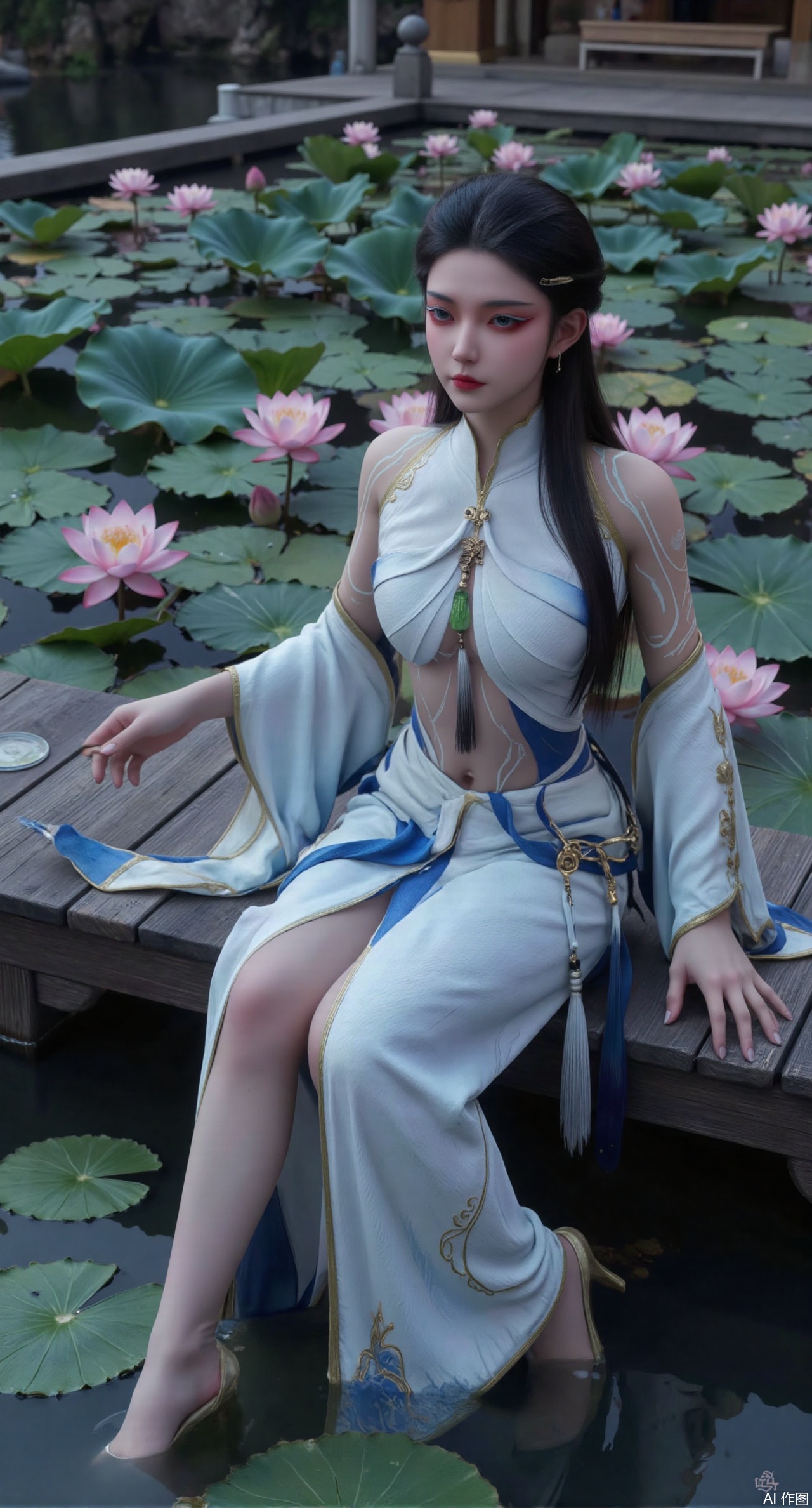 (masterpiece:1.2),best quality,The image is a digital illustration of a young woman sitting on a wooden bench in a pond with lily pads. She is wearing a long dress with design on the chest and sleeves. The dress has a high neckline and short sleeves,Holding a lotus in hand. She has long dark hair styled in loose waves and is wearing gold high heels. The woman is posing with one hand on her hip and the other resting on the edge of the bench. The background is filled with pink and white lotus flowers and green leaves. The overall mood of the image is peaceful and serene,(huge breasts:2.99),(full breasts:2.99),(Background with traditional Chinese architecture, lotus pond and pink lotus flowers:1.39),XzhihuaX,Xleidianjiangjun,Xyuenanaodai,XmeiningSMW
