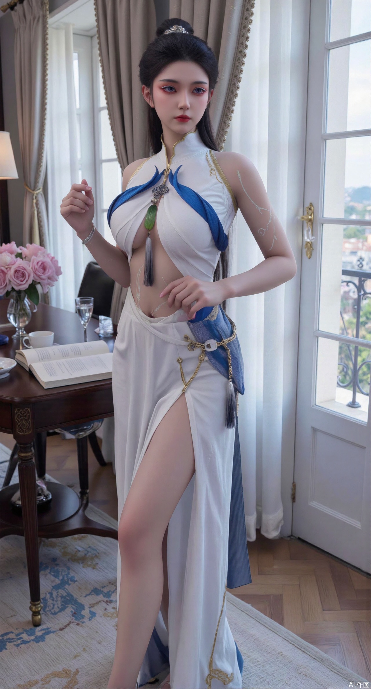 (masterpiece:1.2),best quality,Ultra clear, wallpaper, 8k, masterpiece, 1girl, solo, long hair, breasts, looking at viewer, bangs, large breasts,long dress,, bare shoulders, jewelry, black hair, standing, purple eyes, full body, flower, thighs, indoors, hair bun, long dress, high heels, cup, see-through, book, bare legs, window, table, white footwear, standing on one leg, curtains, pink flower, side slit, vase, ,(huge breasts:2.99),(full breasts:2.99),,,(pink rose flowers:1.59),XzhihuaX,Xleidianjiangjun,Xyuenanaodai,XmeiningSMW