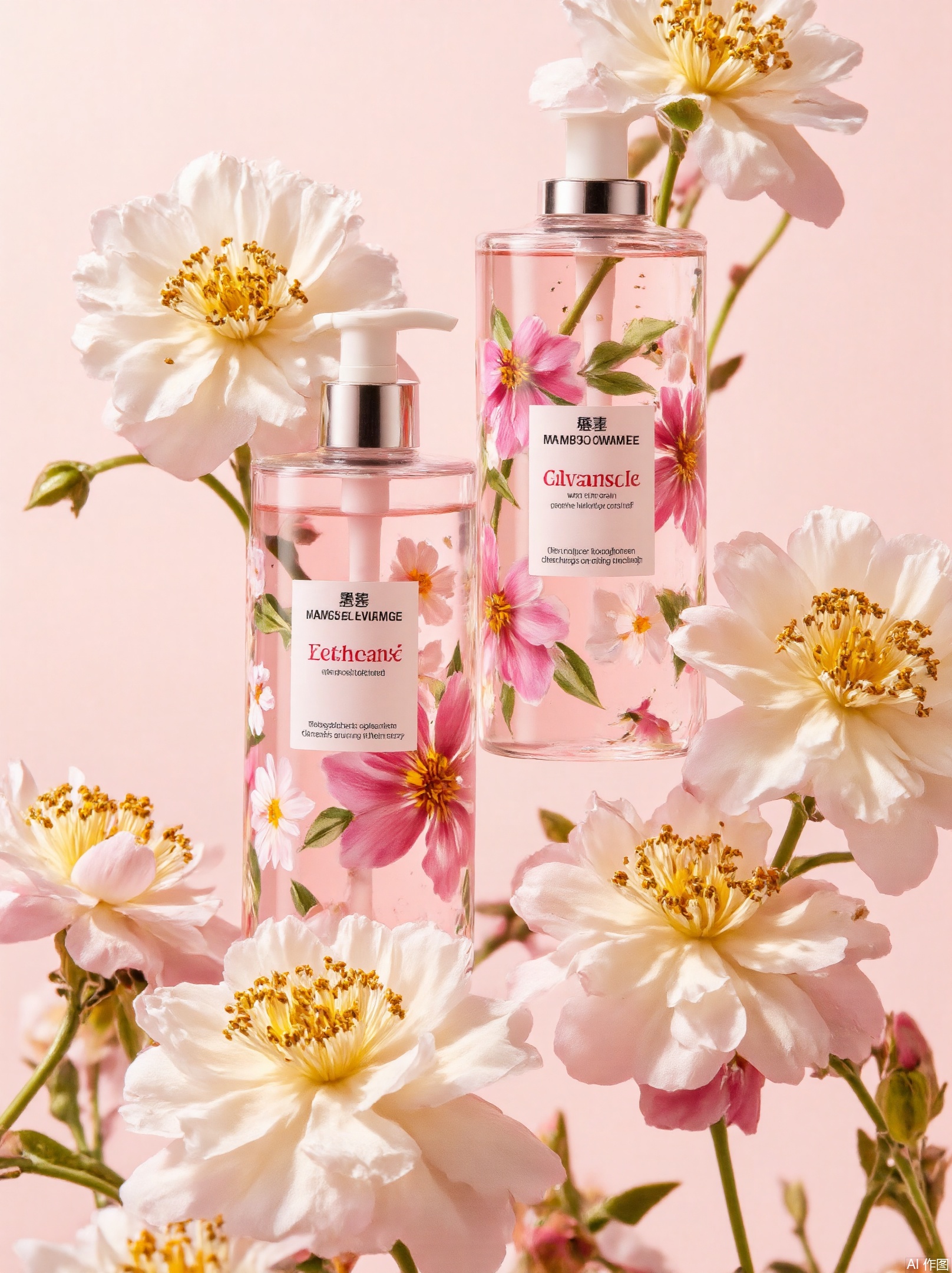 Two perfume bottles, Tall pump dispensers, Predominantly pink, Floral designs, Pink white green, White labels, Black red text, Cleanses softens, Camellia flowers, Large multi-layer, White pink petals, Yellow stamens, Green stems, Sturdy slender, Harmonious composition, Flowers complement, Layered effect,key-998-key