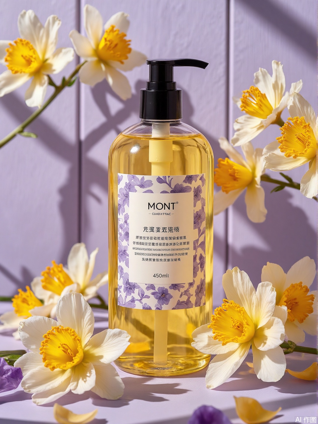 In the center of a meticulously arranged scene, a transparent bottle of Mont Body Oil with a sleek black pump dispenser stands out. The product label, featuring both English and Chinese text in white, provides detailed information about the ingredients and benefits. The label is elegantly decorated with a delicate purple and white floral pattern, and the packaging size is clearly marked as 450ml. The bottle is positioned centrally against a lavender-painted wooden background, which adds a soft, calming backdrop. Surrounding the bottle are vibrant clusters of yellow and white crocus flowers, some with subtle hints of purple petals. These flowers are artfully arranged, with their petals scattered around the bottle, infusing the scene with a fresh, natural touch. The lighting is carefully directed, casting gentle shadows that enhance the depth and warmth of the image. The overall color palette is bright and soothing, dominated by shades of yellow, white, lavender, and purple, creating a serene, springtime atmosphere. The minimalist lavender-painted wooden panel in the background provides a subtle yet effective contrast to the vivid flowers and the product packaging. This well-staged image seamlessly blends natural beauty, pastel colors, and a tranquil aesthetic, effectively highlighting the elegance and appeal of the Mont Body Oil.,key-998-key