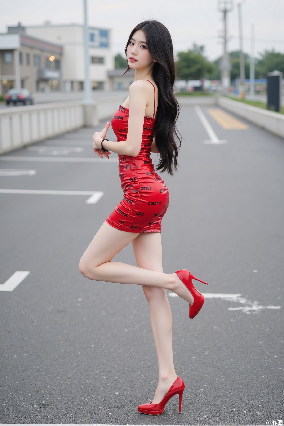 Realistic photo of a young woman with long hair, fair skin, tape dress, long legs, red high heels, full body, parking lot,