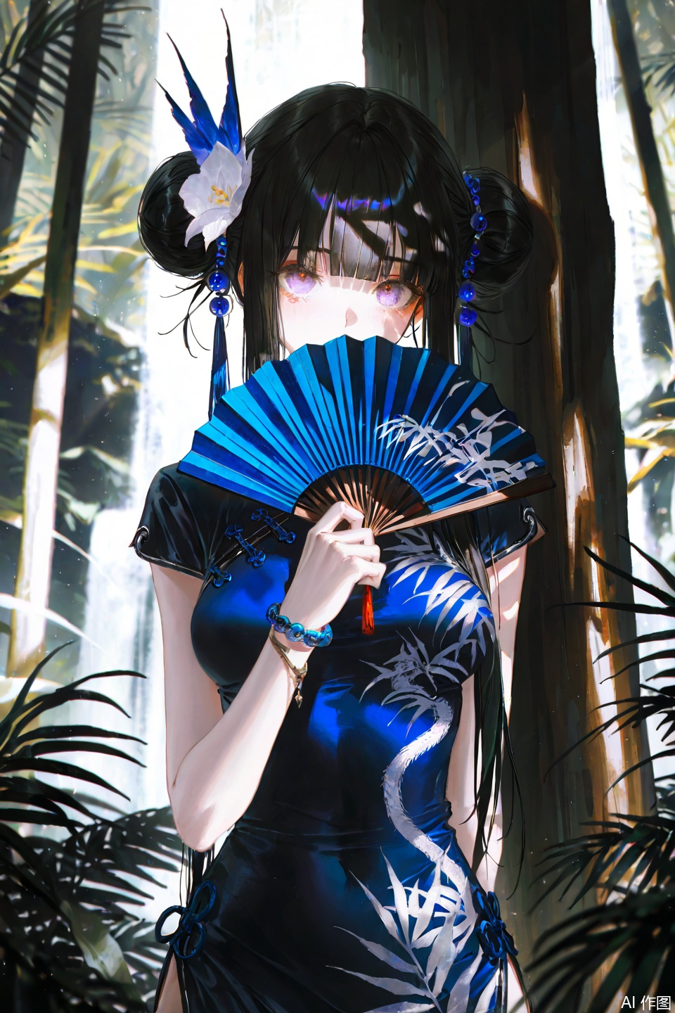depth of field,(artist:quasarcake:0.8),extreme aesthetic,(wlop:0.6),wanke,rella,wanke,
masterpiece,best quality,good quality,newest,year 2024,year 2023,very aesthetic,absurdres,A shot with tension,ultra-high resolution,32K UHD,sharp focus,best quality,masterpiece,Emotionalization masterpiece,unconventional supreme,masterful details,with a high end texture,in the style of fashion photography,masterpiece,best quality,amazing quality,very aesthetic,absurdres,best quality,newest,masterpiece, tearingclothesoff,
1girl, solo, aakanao, long hair, black hair, side ponytail, hair ornament, blunt bangs, medium breasts, china dress, chinese clothes, print dress, hair flower, double bun, jewelry, bracelet, jungle, outdoors, rainforest, nature, (fern), light rays, peeking out, upper body, purple eyes, waterfall, behind tree, looking at viewer, covering own mouth, hand fan, holding fan, arm behind back, covered mouth