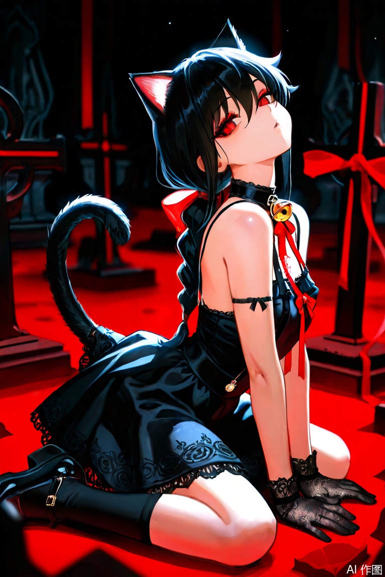 1 girl,Kuroki Monika, Black hair, long hair, low ponytail, braided ponytail, hair above the right eye, luminous eyes, long eyelashes, eyeliner pen, red eyes, big chest, (petite, curvaceous, very cute, kawaii), animal ear hair, animal ear cover, Cat's ears (Steamed cat-ear shaped bread), false animal ear, cat tail, false tail, bell collar, Gothic black luxury dress, red decoration, embroidery, bare shoulders, cloth cutting, chest cutting, back cutting, short skirt, elegant dress, cover, cover ((ribbon, fold)), black lace gloves, black suspenders, shiny suspenders, black thithi gh high socks, cute shoes, solo, lie down, cute seductive pose, fashion model S Posture, elegance, arched back, tilted head, ground view, (shallow focus, depth of field, focused on the eyes), (backlight, dynamic light, natural light), mist shrouded grave, soft glowing mist, bizarre Gothic background, dark and mysterious background, melancholic and charming, raised contours, intricate shadows, high contrast and soft elements, full of Gothic dark Pop Art aesthetics, surreal atmosphere, ultra-fine rendering, soft and striking composition, (anatomy), perfect face, perfect eyes, perfect hands, perfect fingers, masterpiece, best quality, stunning quality, absurd, movie, movie lighting, movie shadows, movie composition The,