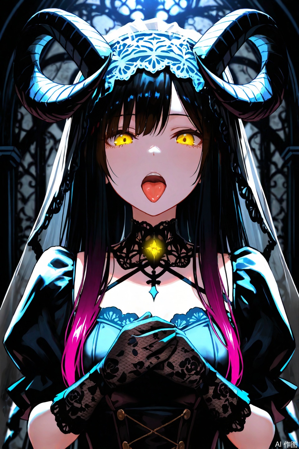 top quality , masterpiece, 748cm style , 1 girl, , viewers, , gradient hair, black hair, long hair, yellow eyes , gothic dress, black dress, gothic veil, lace gloves, bridal veil, looking at viewer, gothic background, perfect waist, standing, eyelevel shots, lace gloves, puffy sleeves, dynamic light, glowing, lighting, backlight, horn, upper body, close up, tongue