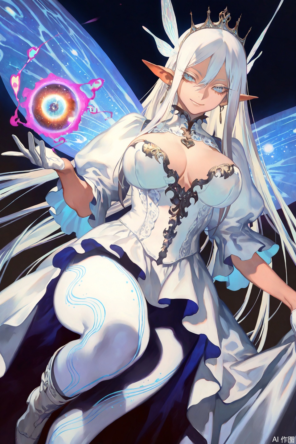 Masterpiece, Best Quality, Amazing Quality, Absurd, Film, Film Lighting, Film Shadows, 8K, HDR, Perfect Eyes, Semi Realistic Art, Semi Realistic Art Style, Exquisite Details, Very Detailed, (Artist:) lack,rei_\（sanbonzakura\）：0.55）,1girl,Gojo Satori, Blue eyes, white eyelashes, white hair, long hair, straight hair, hair between eyes, (fairy ears, pointed ears), big chest, curves, sexy, confident, beautiful, cool, beautiful face, big cartoon eyes, beautiful eyes, expressive eyes, bright eyes, long eyelashes, eyeliner pen, artistic style, alternate clothing, female fantasy clothing, fantasy fashion, complex clothes, complex accessories, complex decorations, complex patterns, cool, fashion, elegant, Victorian fashion, gloves, earrings, jewelry, white gloves, semi gloves, white dress, skirt, tights, boots, solo, smile, dynamic Angle, dynamic posture, purple magic, fantasy, dark castle, night, dark background, dreamy Milky Way, Milky Way (theme), surreal, dreamy Purple lines, galaxy elements, Kawasaki style, aesthetics, soft colors, soft colors, colored lines, 