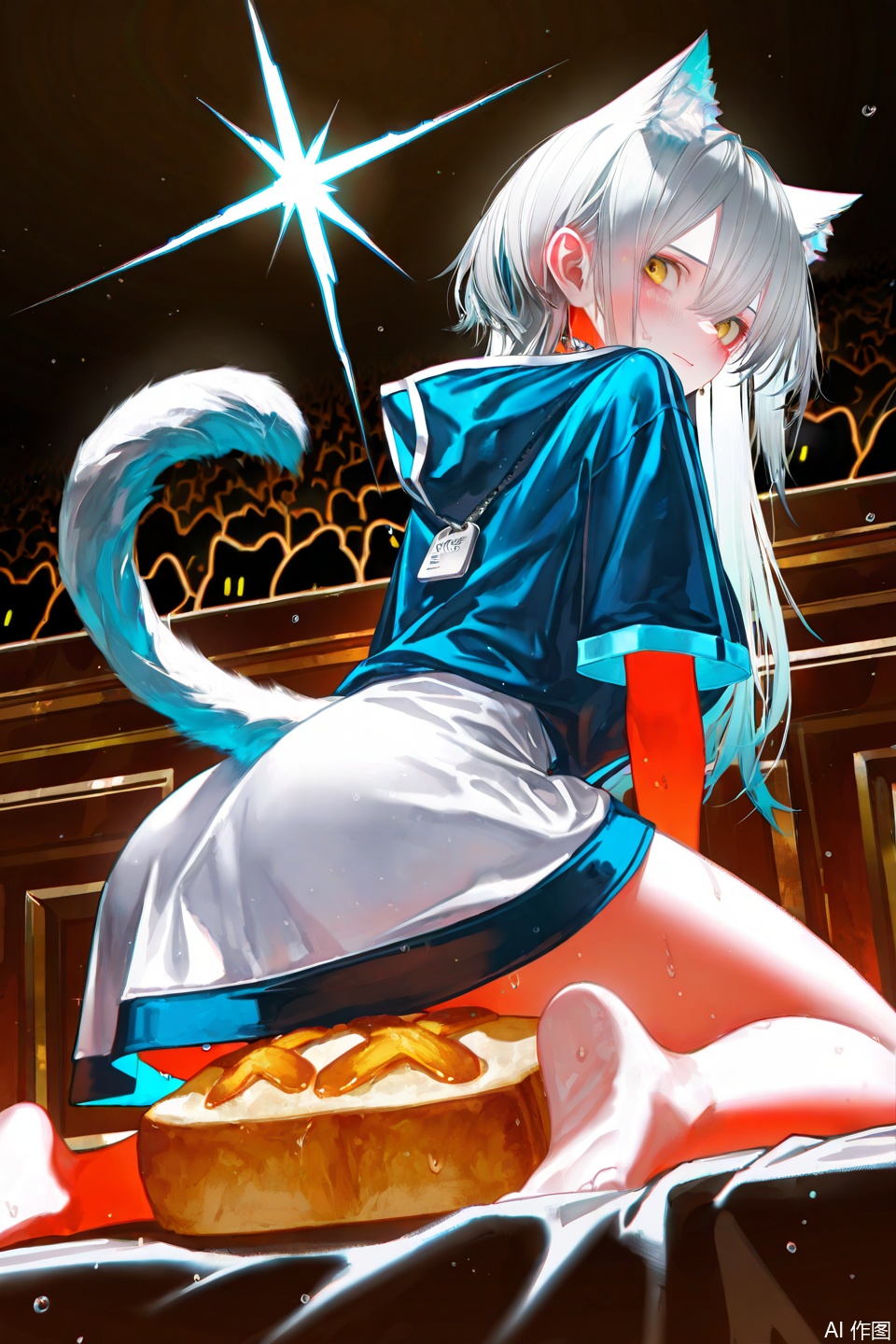 (Artist: onineko: 0.826446), artist: hito komoru, (artist: quartercake: 1.1), (artist: reoen: 0.826446, artist: machi, (7769:1.21) (artist: ningen_mame: 0.9)), fuzzy foreground, ray tracing, lens flash, movie lighting, absurd, 1 girl, solo, gray hair, long hair, hair between eyes, yellow eyes, animal ears, animal ear fluff, Cat's ears (Steamed cat-ear shaped bread), cat tail, shy, blushing, sweating, big chest, sitting on the bed of the classic wooden furniture bedroom seductively, Kneeling posture, necklace, dog tag, blue hoodie, hoodie shirt, blue trim, white dress, short sleeve, short skirt, black tall tube, (Manhattan style), looking at the audience, looking back, from behind, from below,
Masterpiece, the best quality, the latest, masterpiece,best quality,newest,