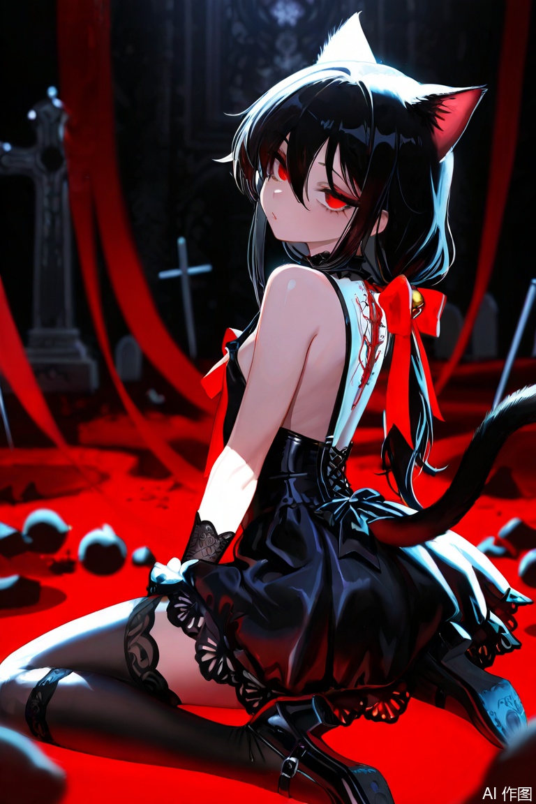 1 girl,Kuroki Monika, Black hair, long hair, low ponytail, braided ponytail, hair above the right eye, luminous eyes, long eyelashes, eyeliner pen, red eyes, big chest, (petite, curvaceous, very cute, kawaii), animal ear hair, animal ear cover, Cat's ears (Steamed cat-ear shaped bread), false animal ear, cat tail, false tail, bell collar, Gothic black luxury dress, red decoration, embroidery, bare shoulders, cloth cutting, chest cutting, back cutting, short skirt, elegant dress, cover, cover ((ribbon, fold)), black lace gloves, black suspenders, shiny suspenders, black thithi gh high socks, cute shoes, solo, lie down, cute seductive pose, fashion model S Posture, elegance, arched back, tilted head, ground view, (shallow focus, depth of field, focused on the eyes), (backlight, dynamic light, natural light), mist shrouded grave, soft glowing mist, bizarre Gothic background, dark and mysterious background, melancholic and charming, raised contours, intricate shadows, high contrast and soft elements, full of Gothic dark Pop Art aesthetics, surreal atmosphere, ultra-fine rendering, soft and striking composition, (anatomy), perfect face, perfect eyes, perfect hands, perfect fingers, masterpiece, best quality, stunning quality, absurd, movie, movie lighting, movie shadows, movie composition The,