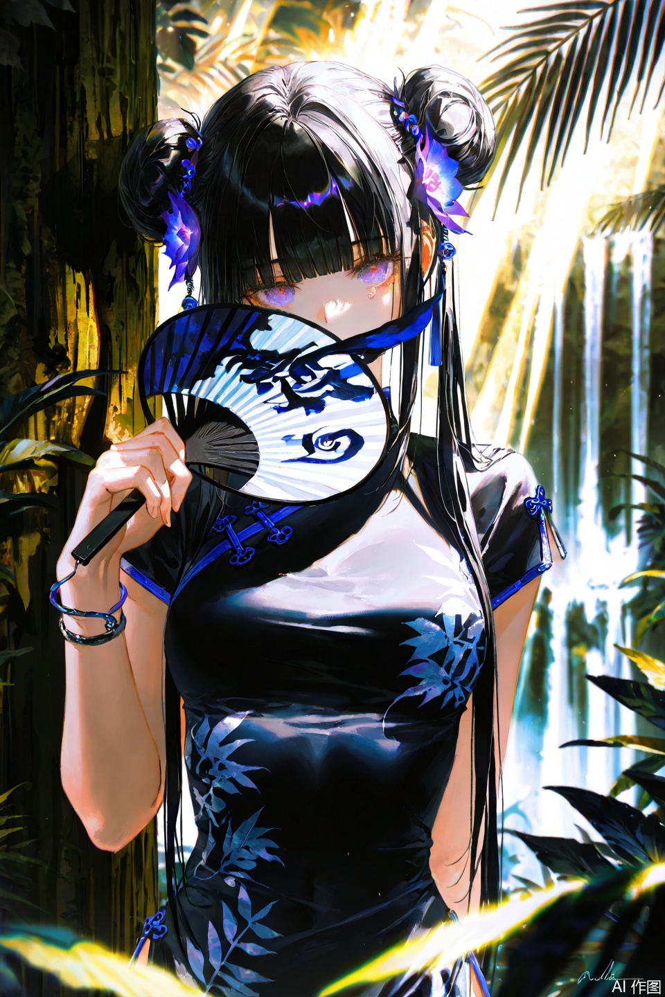 depth of field,(artist:quasarcake:0.8),extreme aesthetic,(wlop:0.6),wanke,rella,wanke,
masterpiece,best quality,good quality,newest,year 2024,year 2023,very aesthetic,absurdres,A shot with tension,ultra-high resolution,32K UHD,sharp focus,best quality,masterpiece,Emotionalization masterpiece,unconventional supreme,masterful details,with a high end texture,in the style of fashion photography,masterpiece,best quality,amazing quality,very aesthetic,absurdres,best quality,newest,masterpiece, tearingclothesoff,
1girl, solo, aakanao, long hair, black hair, side ponytail, hair ornament, blunt bangs, medium breasts, china dress, chinese clothes, print dress, hair flower, double bun, jewelry, bracelet, jungle, outdoors, rainforest, nature, (fern), light rays, peeking out, upper body, purple eyes, waterfall, behind tree, looking at viewer, covering own mouth, hand fan, holding fan, arm behind back, covered mouth