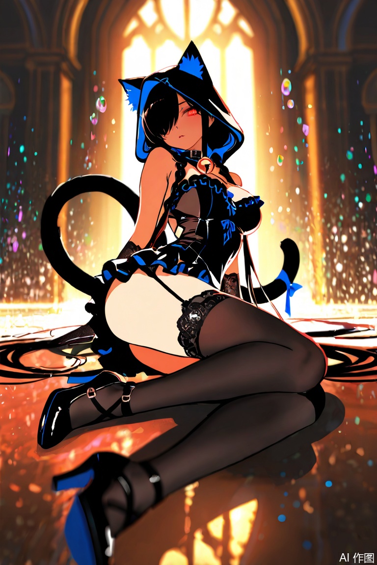 1girl, Kuroki Monika, black hair, very long hair, low twintails, braided twintails, hair over right eye, glowing eyes, very long eyelashes, eyeliner, red eyes, large breasts, (petite, curvy, very cute, kawaii), animal ear fluff, animal ear hood, cat ears, fake animal ears, cat tail, fake tail, bell collar, gothic black luxurious dress, red trims, embroidery, bare shoulders, cloth cutout, chest cutout, back cutout, short skirt, dress flowing elegantly, hood, hood up, ((ribbons, frills)), black lace gloves, black garter belt, sparkly garter stockings, black thigh-high socks, cute shoes, solo, laying down, cute seductive pose, fashion model S pose, graceful, arched back, tilted head, ground view, ((shallow focus, depth of field, focus on eyes)), ((backlighting, dynamic light, natural light)), ((detailed background:1.5)), ((gothic atmosphere:1.3)), ((soft, pastel, colorful, stunning illustration)), ((sketch, doodles:0.8)), ((flat color, thick lines, bright colors, pop art)), sparkly water droplets, mist-covered graves, soft glowing fog, eerie gothic background, dark and mysterious setting, melancholic yet enchanting, raised contours, intricate shadows, high contrast yet pastel elements, pop-art aesthetic infused with gothic darkness, surreal ambiance, ultra-detailed rendering, soft yet striking composition, ((anatomical body)), perfect face, perfect eyes, perfect hands, perfect fingers, masterpiece, best quality, amazing quality, absurdres, cinematic, cinematic lighting, cinematic shadows, cinematic composition,
