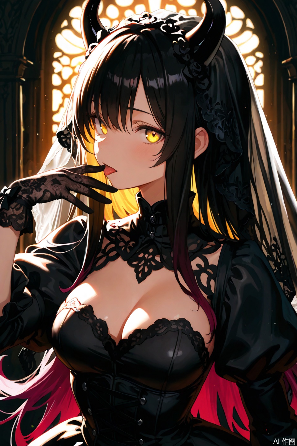 top quality , masterpiece, 748cm style , 1 girl, , viewers, , gradient hair, black hair, long hair, yellow eyes , gothic dress, black dress, gothic veil, lace gloves, bridal veil, looking at viewer, gothic background, perfect waist, standing, eyelevel shots, lace gloves, puffy sleeves, dynamic light, glowing, lighting, backlight, horn, upper body, close up, tongue