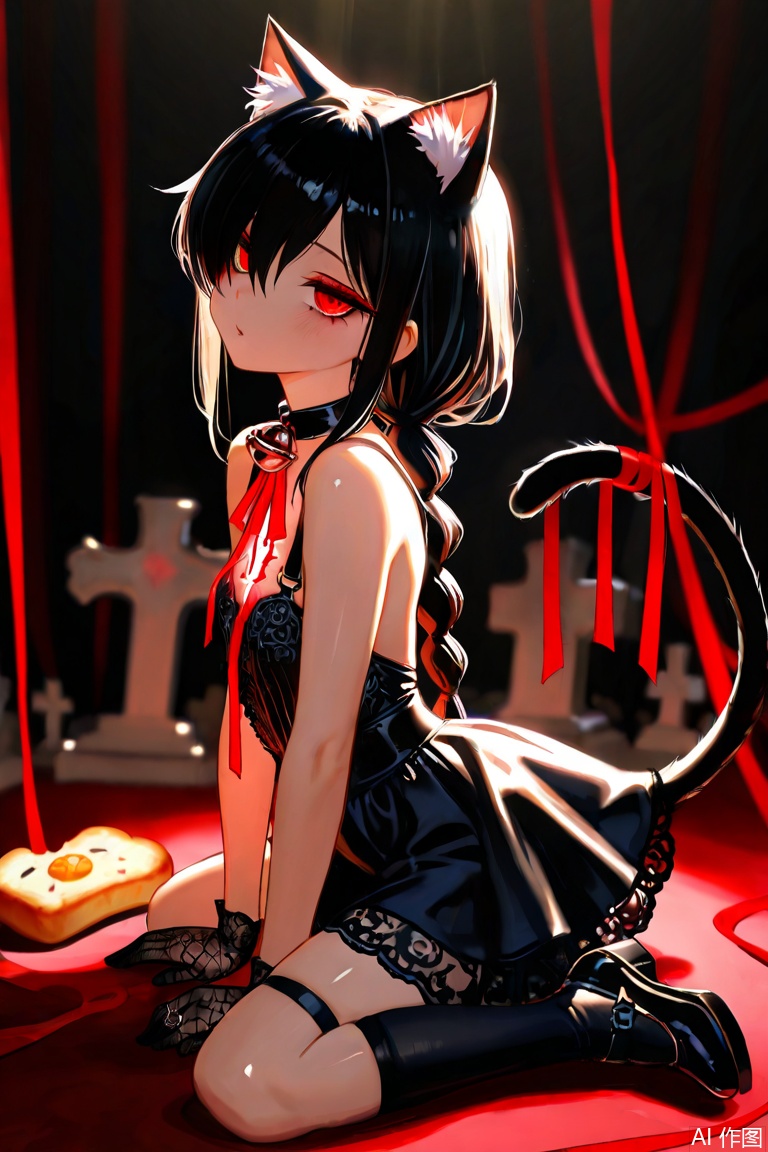 1 girl,Kuroki Monika, Black hair, long hair, low ponytail, braided ponytail, hair above the right eye, luminous eyes, long eyelashes, eyeliner pen, red eyes, big chest, (petite, curvaceous, very cute, kawaii), animal ear hair, animal ear cover, Cat's ears (Steamed cat-ear shaped bread), false animal ear, cat tail, false tail, bell collar, Gothic black luxury dress, red decoration, embroidery, bare shoulders, cloth cutting, chest cutting, back cutting, short skirt, elegant dress, cover, cover ((ribbon, fold)), black lace gloves, black suspenders, shiny suspenders, black thithi gh high socks, cute shoes, solo, lie down, cute seductive pose, fashion model S Posture, elegance, arched back, tilted head, ground view, (shallow focus, depth of field, focused on the eyes), (backlight, dynamic light, natural light), mist shrouded grave, soft glowing mist, bizarre Gothic background, dark and mysterious background, melancholic and charming, raised contours, intricate shadows, high contrast and soft elements, full of Gothic dark Pop Art aesthetics, surreal atmosphere, ultra-fine rendering, soft and striking composition, (anatomy), perfect face, perfect eyes, perfect hands, perfect fingers, masterpiece, best quality, stunning quality, absurd, movie, movie lighting, movie shadows, movie composition The,