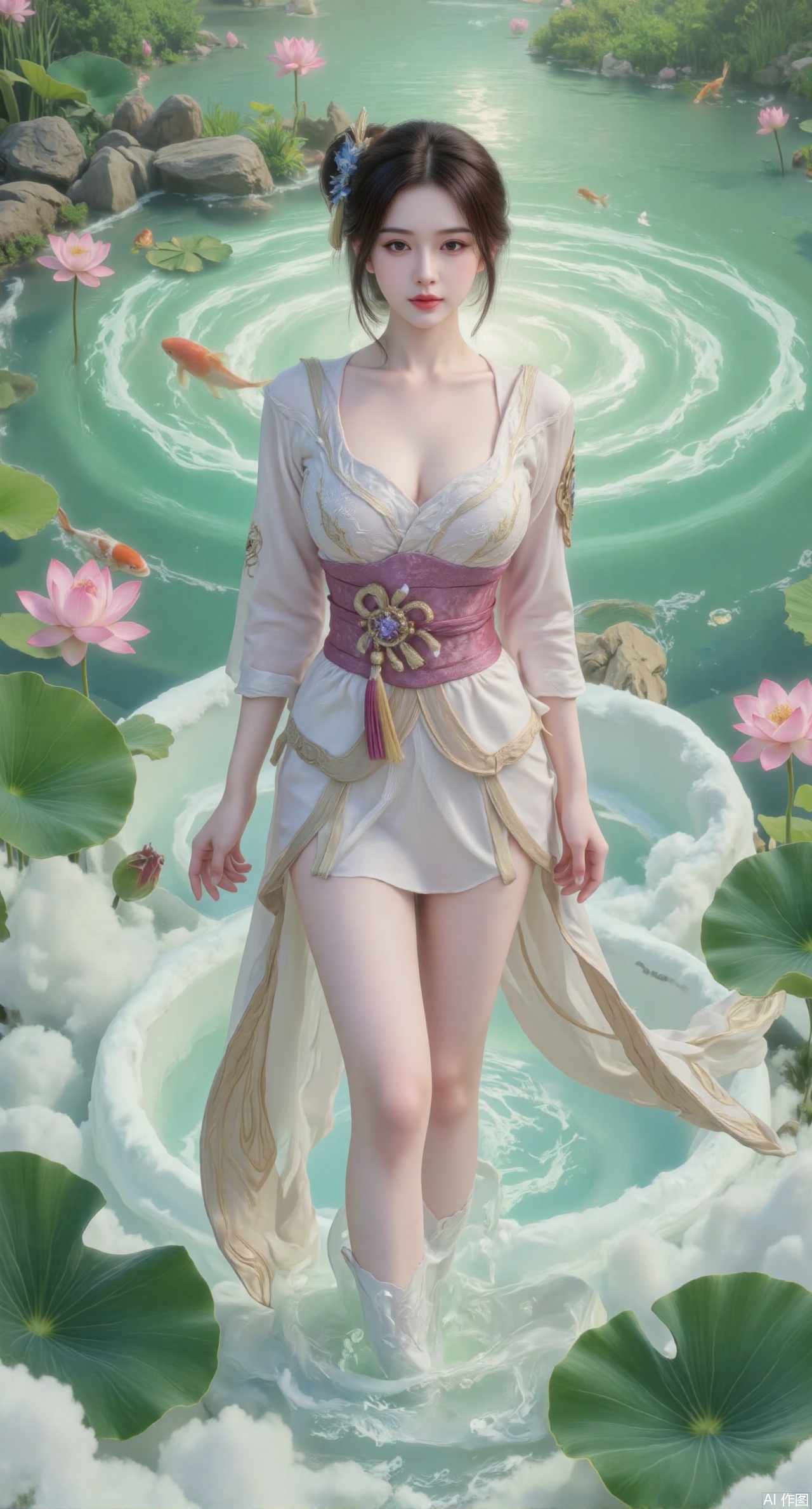 (masterpiece, best quality:1.2),A celestial maiden in Hanfu stands on a cloud, ethereal silk robes fluttering in the wind, swirling sea of clouds beneath her feet, (background reveals the emerald lotus pond of Penglai Wonderland with blooming pink-white lotuses:1.29), golden koi fish swimming in translucent water, soft morning light piercing through mist, ultra HD rendering showcases intricate embroidery on Hanfu, 8K detail captures dewdrops on lotus petals, dynamic lighting effects emphasize swirling mist movement, panoramic composition creates ethereal celestial atmosphere,(huge breasts:2.99),(full breasts:2.99),Xyuenanaodai,XzhihuaX,Xleidianjiangjun