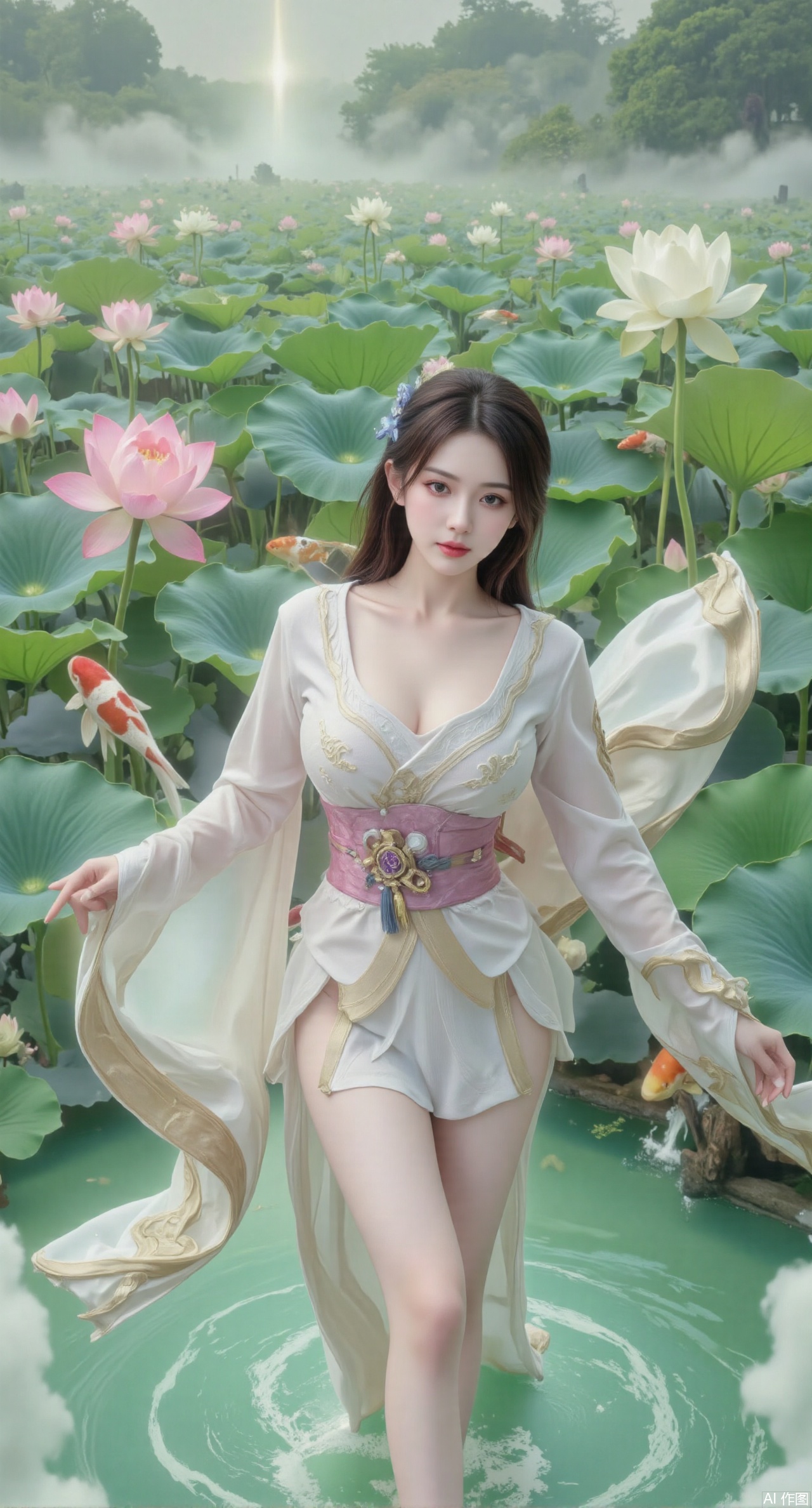 (masterpiece, best quality:1.2),A celestial maiden in Hanfu stands on a cloud, ethereal silk robes fluttering in the wind, swirling sea of clouds beneath her feet, (background reveals the emerald lotus pond of Penglai Wonderland with blooming pink-white lotuses:1.29), golden koi fish swimming in translucent water, soft morning light piercing through mist, ultra HD rendering showcases intricate embroidery on Hanfu, 8K detail captures dewdrops on lotus petals, dynamic lighting effects emphasize swirling mist movement, panoramic composition creates ethereal celestial atmosphere,(huge breasts:2.99),(full breasts:2.99),Xyuenanaodai,XzhihuaX,Xleidianjiangjun