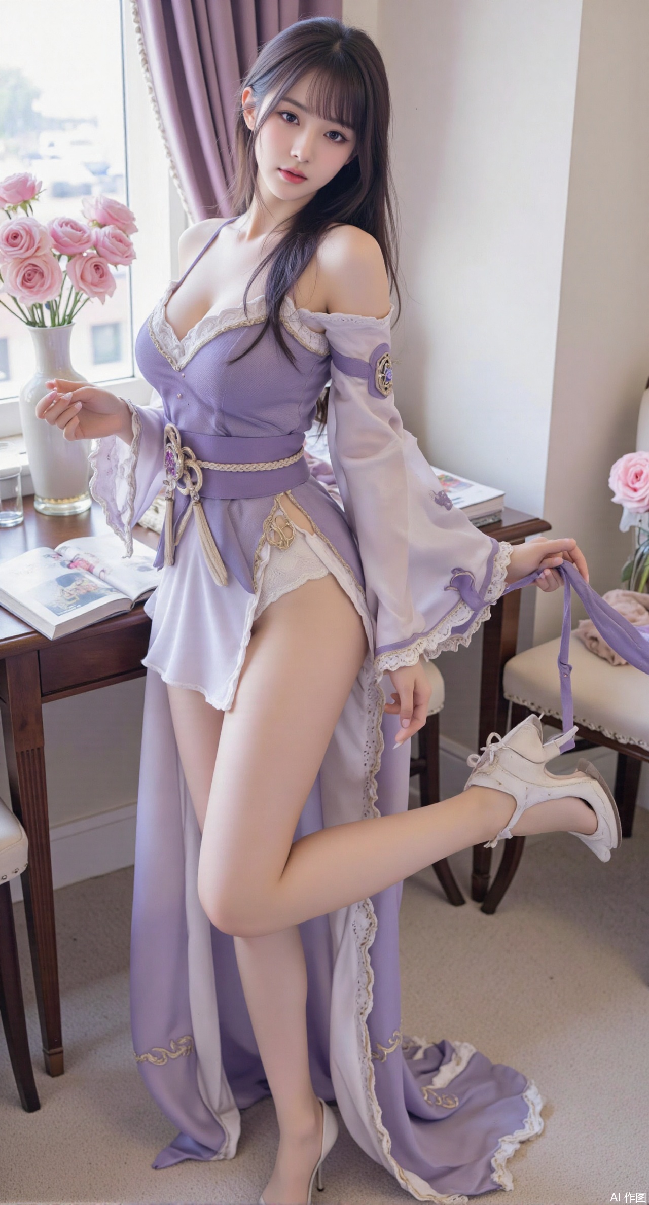 (masterpiece:1.2),best quality,Ultra clear, wallpaper, 8k, masterpiece, 1girl, solo, long hair, breasts, looking at viewer, bangs, large breasts,long dress,, bare shoulders, jewelry, black hair, standing, purple eyes, full body, flower, thighs, indoors, hair bun, long dress, high heels, cup, see-through, book, bare legs, window, table, white footwear, standing on one leg, curtains, pink flower, side slit, vase, ,(huge breasts:2.99),(full breasts:2.99),,,(pink rose flowers:1.59),XzhihuaX,Xleidianjiangjun,Xyuenanaodai,XmeiningSMW