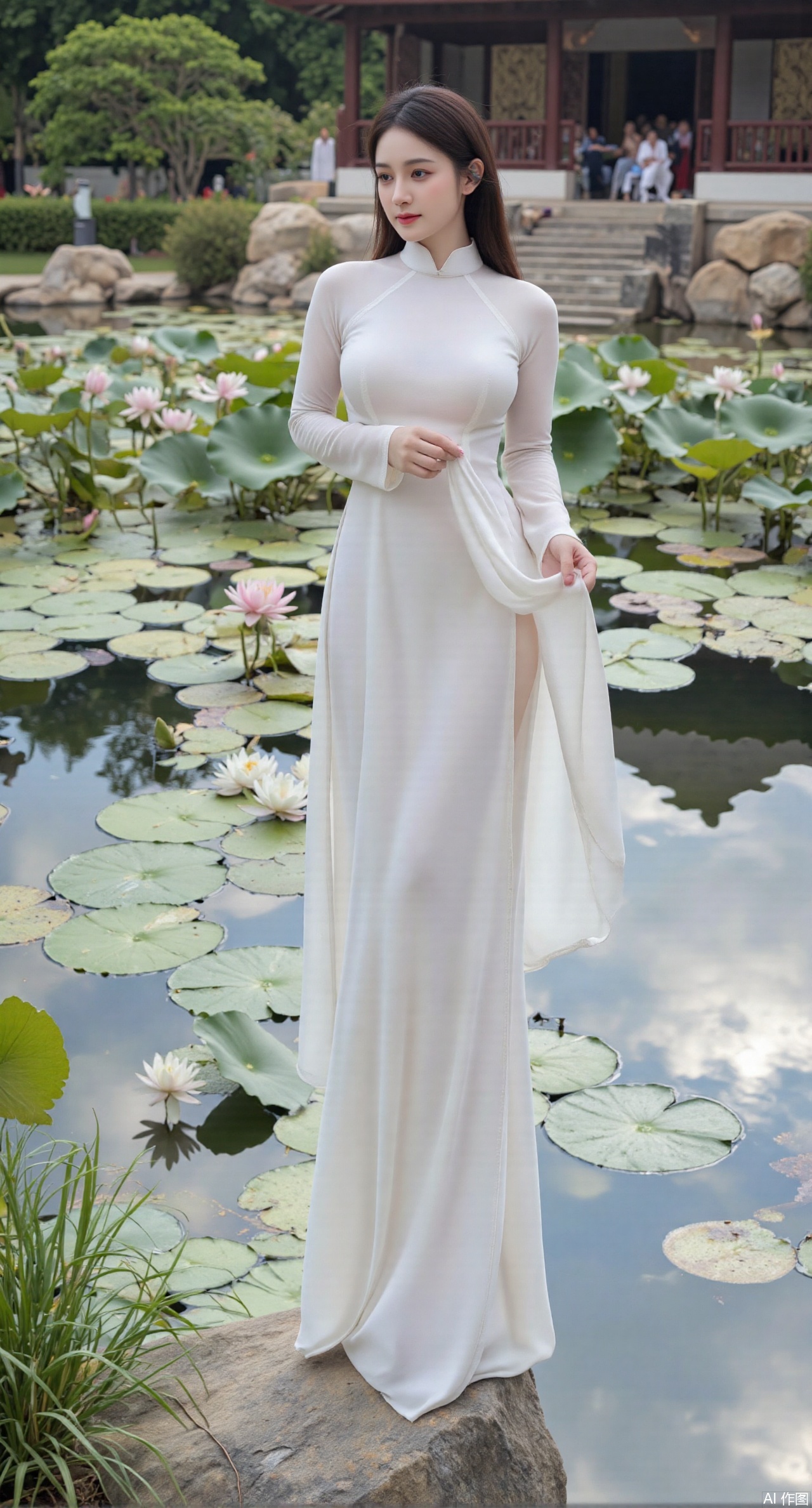 (masterpiece, best quality:1.2),A celestial maiden in Hanfu stands on a cloud, ethereal silk robes fluttering in the wind, swirling sea of clouds beneath her feet, (background reveals the emerald lotus pond of Penglai Wonderland with blooming pink-white lotuses:1.29), golden koi fish swimming in translucent water, soft morning light piercing through mist, ultra HD rendering showcases intricate embroidery on Hanfu, 8K detail captures dewdrops on lotus petals, dynamic lighting effects emphasize swirling mist movement, panoramic composition creates ethereal celestial atmosphere,(huge breasts:2.99),(full breasts:2.99),(Background with traditional Chinese architecture,Pond, water lilies:1.39),,XzhihuaX,Xleidianjiangjun,Xyuenanaodai,XmeiningSMW,XhaiyuejiCosplay,Xyoulingniang,XbachongshenziCOS,XjiaodaiqunDHL,Xshuilian,Xhujiaoer