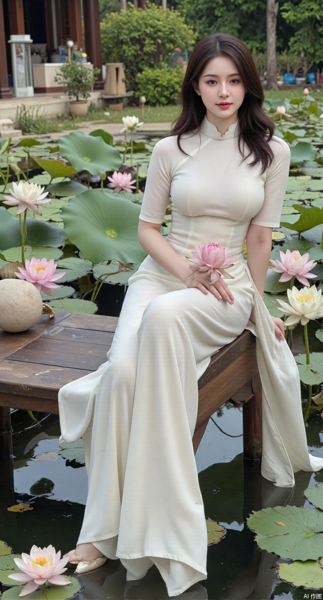  (masterpiece:1.2),best quality,The image is a digital illustration of a young woman sitting on a wooden bench in a pond with lily pads. She is wearing a long dress with design on the chest and sleeves. The dress has a high neckline and short sleeves,Holding a lotus in hand. She has long dark hair styled in loose waves and is wearing gold high heels. The woman is posing with one hand on her hip and the other resting on the edge of the bench. The background is filled with pink and white lotus flowers and green leaves. The overall mood of the image is peaceful and serene,(huge breasts:2.99),(full breasts:2.99),(Background with traditional Chinese architecture, lotus pond and pink lotus flowers:1.39),,XzhihuaX,Xleidianjiangjun,Xyuenanaodai,XmeiningSMW,XhaiyuejiCosplay,Xyoulingniang,XbachongshenziCOS,XjiaodaiqunDHL,Xshuilian,Xhujiaoer