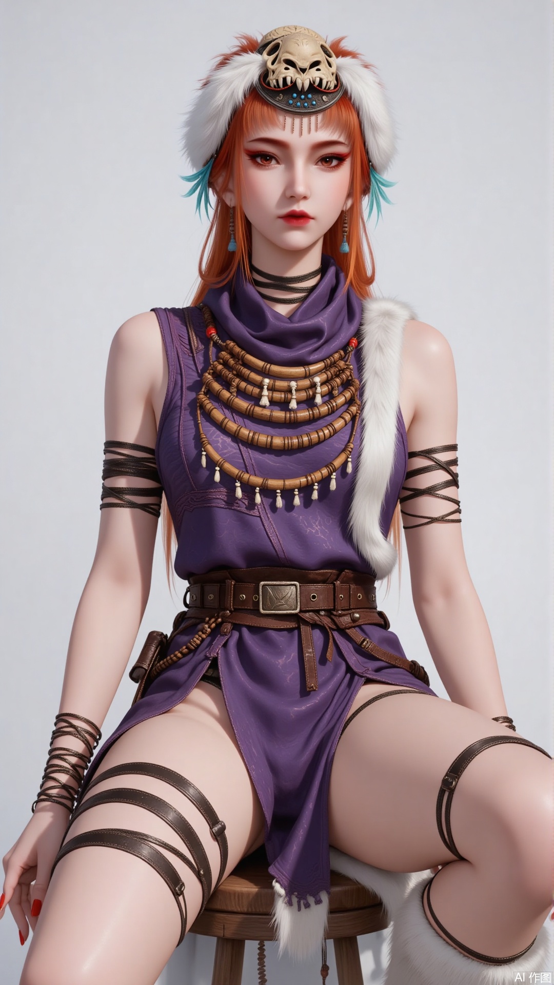 Overall
 
This is a high - definition, realistic - style image that offers a refined and artistic visual experience. The character stands out prominently with rich details.
 
Art Style
 
The art style leans towards realism, meticulously depicting every detail of the character, from the texture of the skin to the fabric of the clothing, with a high degree of accuracy. It also incorporates unique design elements of the fantasy genre, creating a distinctive aesthetic.
 
Composition
 
The central composition method is adopted, with the character positioned right in the center of the picture, becoming the focal point of vision. The simple background makes the character even more prominent, free from any distracting elements.
 
Character Posture
 
The character is seated on a high - stools, with an elegant and relaxed posture, exuding a sense of casual confidence and showing smooth and beautiful body lines.
 
Shooting Angle
 
The shooting angle is at eye - level, as if the viewer is having a face - to - face conversation with the character. This allows for a clear view of the character's overall appearance and facial expressions, enhancing the intimacy and authenticity of the image.
 
Expression
 
The expression is calm and composed, with steady eyes that convey a sense of calmness and self - confidence. The lines around the mouth are soft, with no obvious fluctuations in expression, giving an impression of dignity and grandeur.
 
Hairstyle
 
The character has long, orange - red hair that falls over the shoulders, interspersed with blue - green highlights, adding a touch of fashion and uniqueness. On the head is a hat with an animal bone as the main body and white plush decorations on the edges. The hat has a unique design with a wild style.
 
Action
 
The action is relatively static, mainly the natural placement in a sitting posture, with the hands gently resting on the legs, showing elegance and leisure.
 
Clothing Style
 
The character is wearing a sleeveless purple dress with a high - collar scarf at the neckline. There is white plush decoration on one side, adding layers and a sense of warmth. The dress has a high slit on one side, revealing black shorts and the lines of the legs, which is both stylish and bold. It is paired with a wide brown belt that accentuates the waistline. There are thigh straps, black shorts, knee - high shoes, and jewelry. The nails are painted red.
 
Makeup
 
The makeup is exquisite. The eye makeup uses red tones that match the hair color, with delicate eyeliner that makes the eyes more expressive. The eyebrows are naturally and smoothly shaped. The lip color is red, coordinating with the overall look and highlighting the character's cold and glamorous temperament.
 
Decoration
 
Around the neck are multiple layers of wooden bead necklaces, with beads of varying sizes and small pendants interspersed. Leather straps are wrapped around the arms and ankles, adding a decorative touch of the primitive tribal style.
 
Image Quality
 
The image quality is extremely high. The character's hair strands, the folds of the clothing, and the details of the accessories are all clearly distinguishable. The lighting effects are well - handled, and the color transitions are natural, presenting a top - notch visual effect.