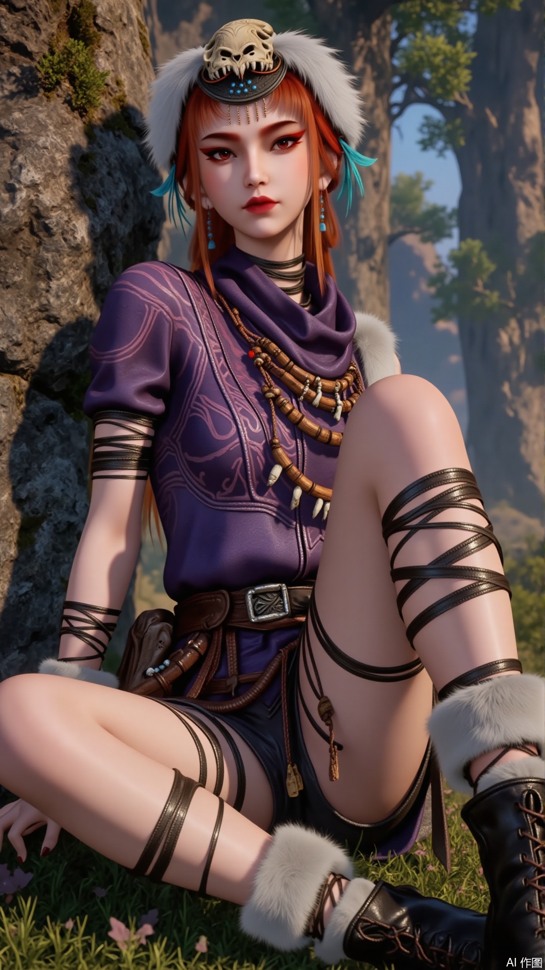 Overall
 
This is a high - definition, realistic - style image that presents a visual effect blending fantasy and primitive elements. The character stands out vividly with rich and lively details.
 
Art Style
 
The art style leans towards realistic fantasy. It meticulously depicts the character's skin, clothing textures, and accessory details. Meanwhile, lighting effects are used to create a vivid three - dimensional sense, along with fantasy elements, showcasing a unique artistic style.
 
Composition
 
The central composition method is adopted. The character is positioned at the center of the image, becoming the focal point. The natural background serves as a foil, making the character's image more prominent.
 
Character Posture
 
The character is seated, leaning against a rock. One leg is stretched out while the other is bent. The posture is relaxed and shows a sense of casual unruliness, exuding confidence and a free - spirited demeanor.
 
Shooting Angle
 
The shooting angle is a low - angle side view. This angle clearly shows the character's facial contours, hairstyle, and body lines, enhancing the three - dimensional and spatial feel of the image.
 
Expression
 
The expression is calm. The eyes convey stability and indifference, and the lines around the mouth are soft with no obvious emotional fluctuations, giving an impression of being calm and composed.
 
Hairstyle
 
The character has long, orange - red hair that falls loose. Some parts of the hair are adorned with blue hair accessories, adding a touch of vividness and uniqueness. The head is adorned with a hat decorated with animal bones and plush, highlighting a primitive style.
 
Action
 
The actions mainly involve leaning and the placement of the legs, with the hands naturally positioned. There are no large - scale movements. The overall actions are natural and smooth, corresponding to the posture and reflecting a relaxed state.
 
Clothing Style
 
The character wears a purple top with unique pattern designs, paired with short bottoms that expose the legs. The clothing material appears to have a certain texture, fitting the body curves and highlighting the figure.
 
Makeup
 
The makeup is exquisite. The eye makeup mainly uses red tones, echoing the hair color and making the eyes more expressive. The eyebrows are neatly shaped. The lip color is bright red, matching the overall style and highlighting a cold and glamorous temperament.
 
Matching
 
The legs are decorated with black leather straps, echoing the boots. The boots are black with plush decorations at the openings, which are both warm and decorative. There are accessories around the waist, and the overall matching is coordinated.
 
Decoration
 
Around the neck, there are multiple layers of wooden bead necklaces with beads of different sizes and small pendants interspersed. Leather straps are also wrapped around the arms. These decorative elements enhance the primitive tribal style.
 
Image Quality
 
The image quality is extremely high. The character's hair strands, clothing folds, accessory details, and the lighting changes in the background are all clearly distinguishable. The color transitions are natural, and the lighting effects are realistic, presenting top - notch visual quality. It is filled with natural light and is bright.
