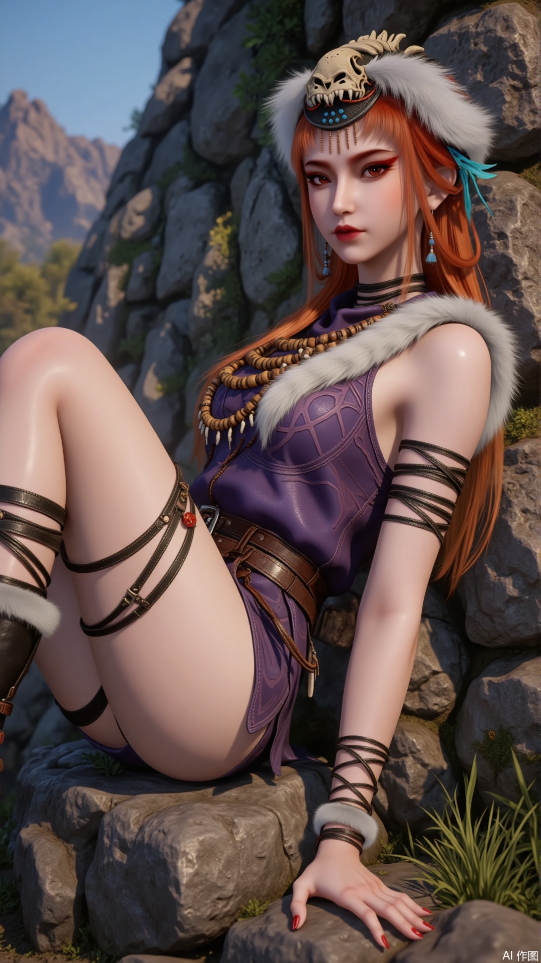 Overall
 
This is a high - definition, realistic - style image that presents a visual effect blending fantasy and primitive elements. The character stands out vividly with rich and lively details.
 
Art Style
 
The art style leans towards realistic fantasy. It meticulously depicts the character's skin, clothing textures, and accessory details. Meanwhile, lighting effects are used to create a vivid three - dimensional sense, along with fantasy elements, showcasing a unique artistic style.
 
Composition
 
The central composition method is adopted. The character is positioned at the center of the image, becoming the focal point. The natural background serves as a foil, making the character's image more prominent.
 
Character Posture
 
The character is seated, leaning against a rock. One leg is stretched out while the other is bent. The posture is relaxed and shows a sense of casual unruliness, exuding confidence and a free - spirited demeanor.
 
Shooting Angle
 
The shooting angle is a low - angle side view. This angle clearly shows the character's facial contours, hairstyle, and body lines, enhancing the three - dimensional and spatial feel of the image.
 
Expression
 
The expression is calm. The eyes convey stability and indifference, and the lines around the mouth are soft with no obvious emotional fluctuations, giving an impression of being calm and composed.
 
Hairstyle
 
The character has long, orange - red hair that falls loose. Some parts of the hair are adorned with blue hair accessories, adding a touch of vividness and uniqueness. The head is adorned with a hat decorated with animal bones and plush, highlighting a primitive style.
 
Action
 
The actions mainly involve leaning and the placement of the legs, with the hands naturally positioned. There are no large - scale movements. The overall actions are natural and smooth, corresponding to the posture and reflecting a relaxed state.
 
Clothing Style
 
The character wears a purple top with unique pattern designs, paired with short bottoms that expose the legs. The clothing material appears to have a certain texture, fitting the body curves and highlighting the figure.
 
Makeup
 
The makeup is exquisite. The eye makeup mainly uses red tones, echoing the hair color and making the eyes more expressive. The eyebrows are neatly shaped. The lip color is bright red, matching the overall style and highlighting a cold and glamorous temperament.
 
Matching
 
The legs are decorated with black leather straps, echoing the boots. The boots are black with plush decorations at the openings, which are both warm and decorative. There are accessories around the waist, and the overall matching is coordinated.
 
Decoration
 
Around the neck, there are multiple layers of wooden bead necklaces with beads of different sizes and small pendants interspersed. Leather straps are also wrapped around the arms. These decorative elements enhance the primitive tribal style.
 
Image Quality
 
The image quality is extremely high. The character's hair strands, clothing folds, accessory details, and the lighting changes in the background are all clearly distinguishable. The color transitions are natural, and the lighting effects are realistic, presenting top - notch visual quality. It is filled with natural light and is bright.